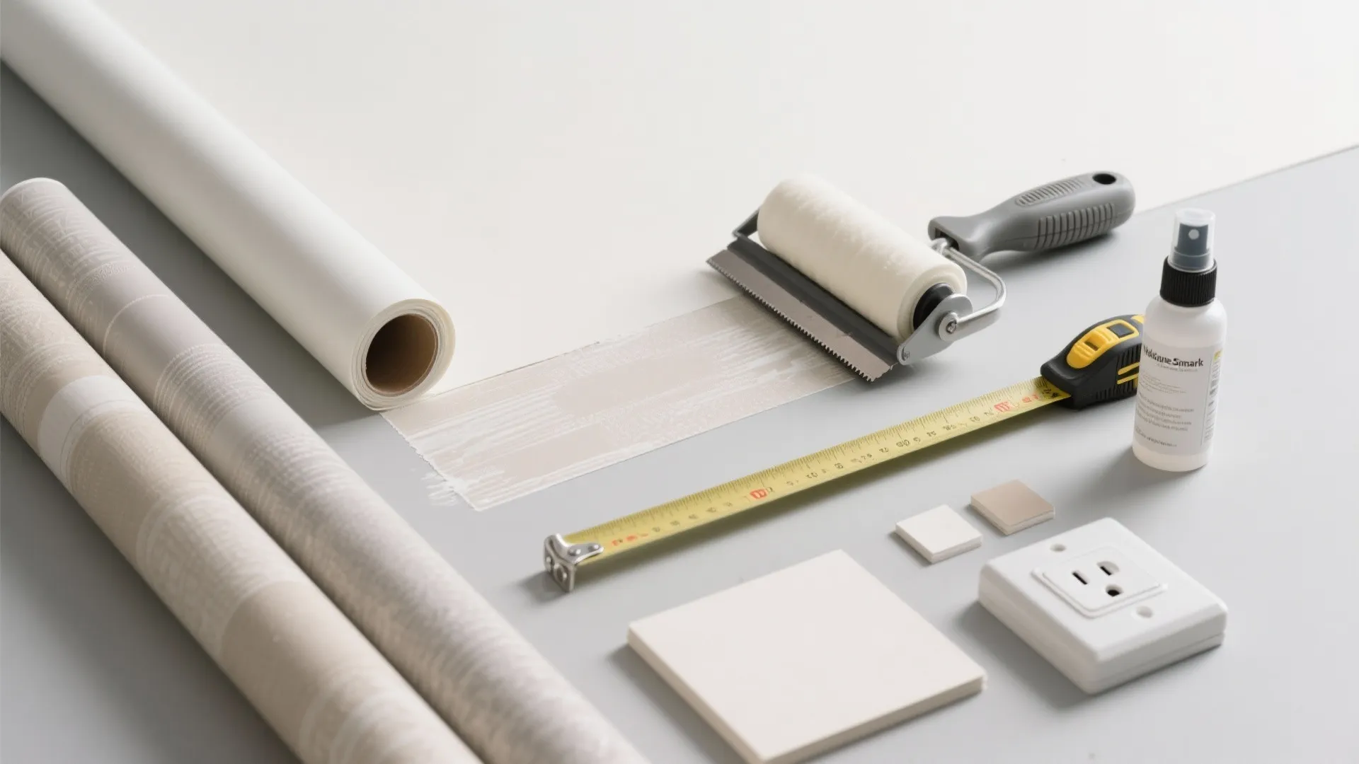 Wallpaper rolls and installation tools including paint roller measuring tape and spray bottle on grey surface