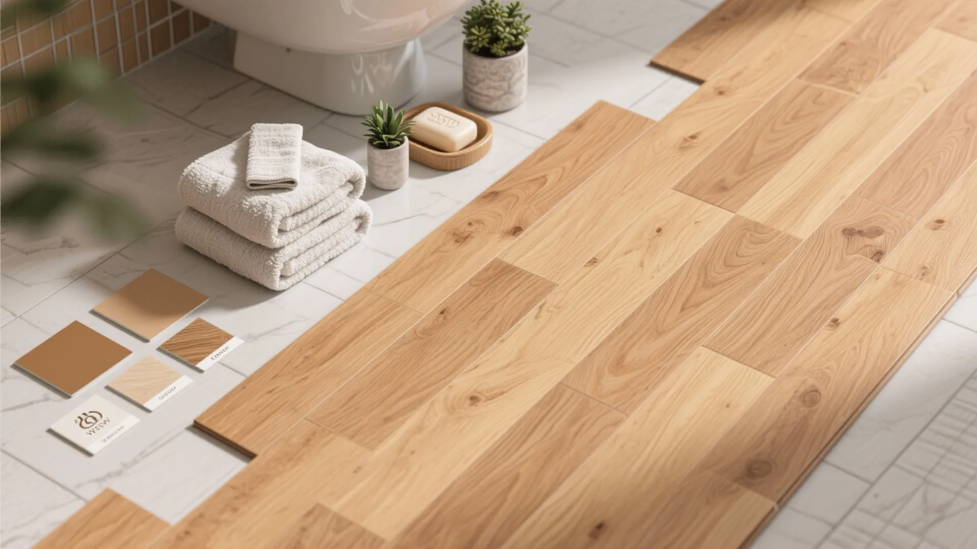 Close up of light wood flooring planks laid over white marble tiles in a bathroom
