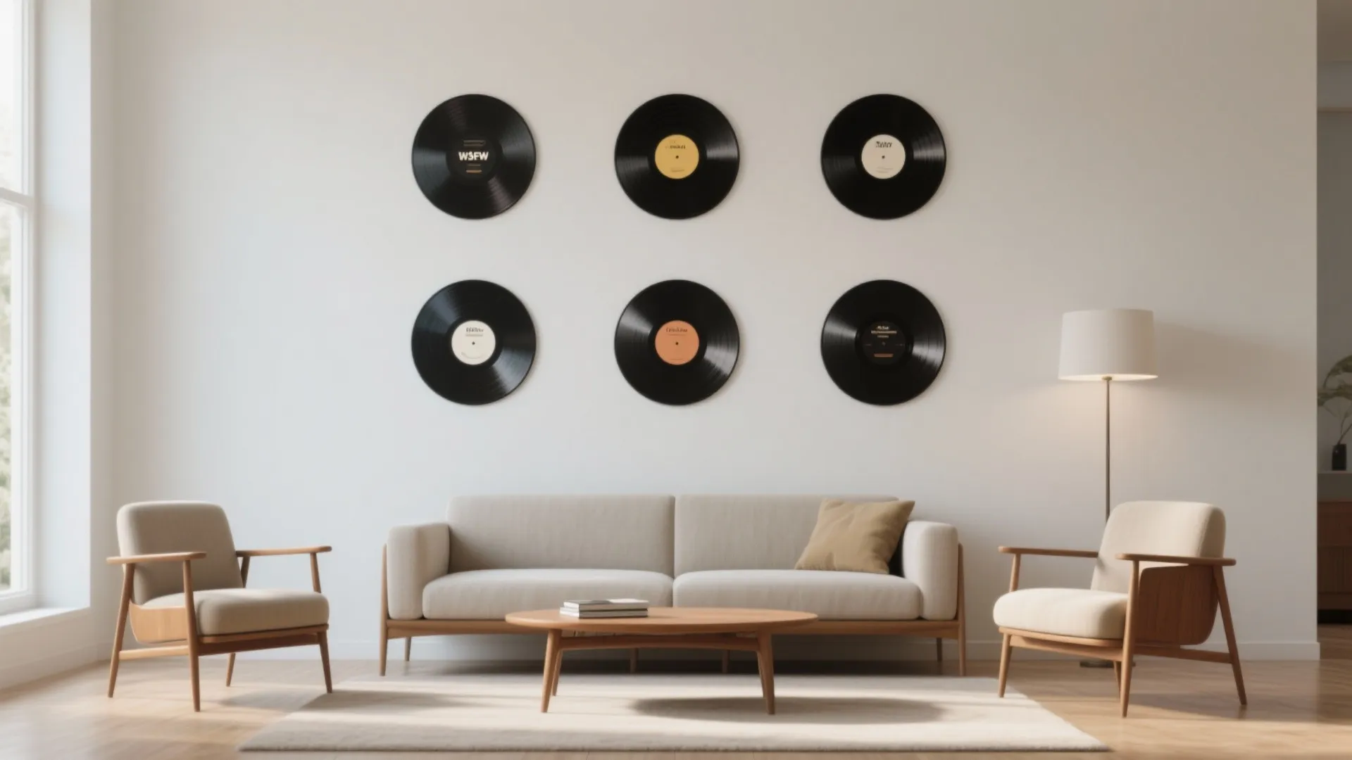 A 3x3 grid of vinyl records displayed above mid-century furniture