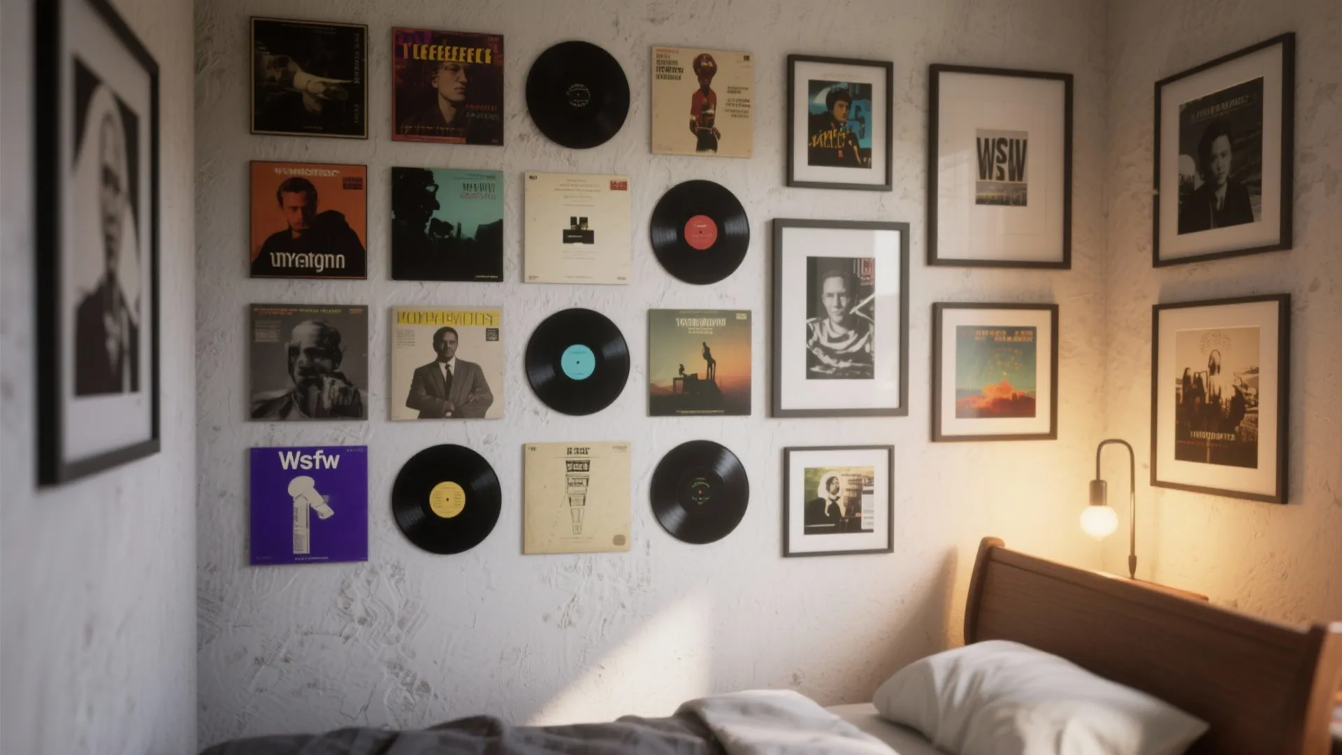 Cozy bedroom with white textured wall decorated with many vinyl records and framed black white photos