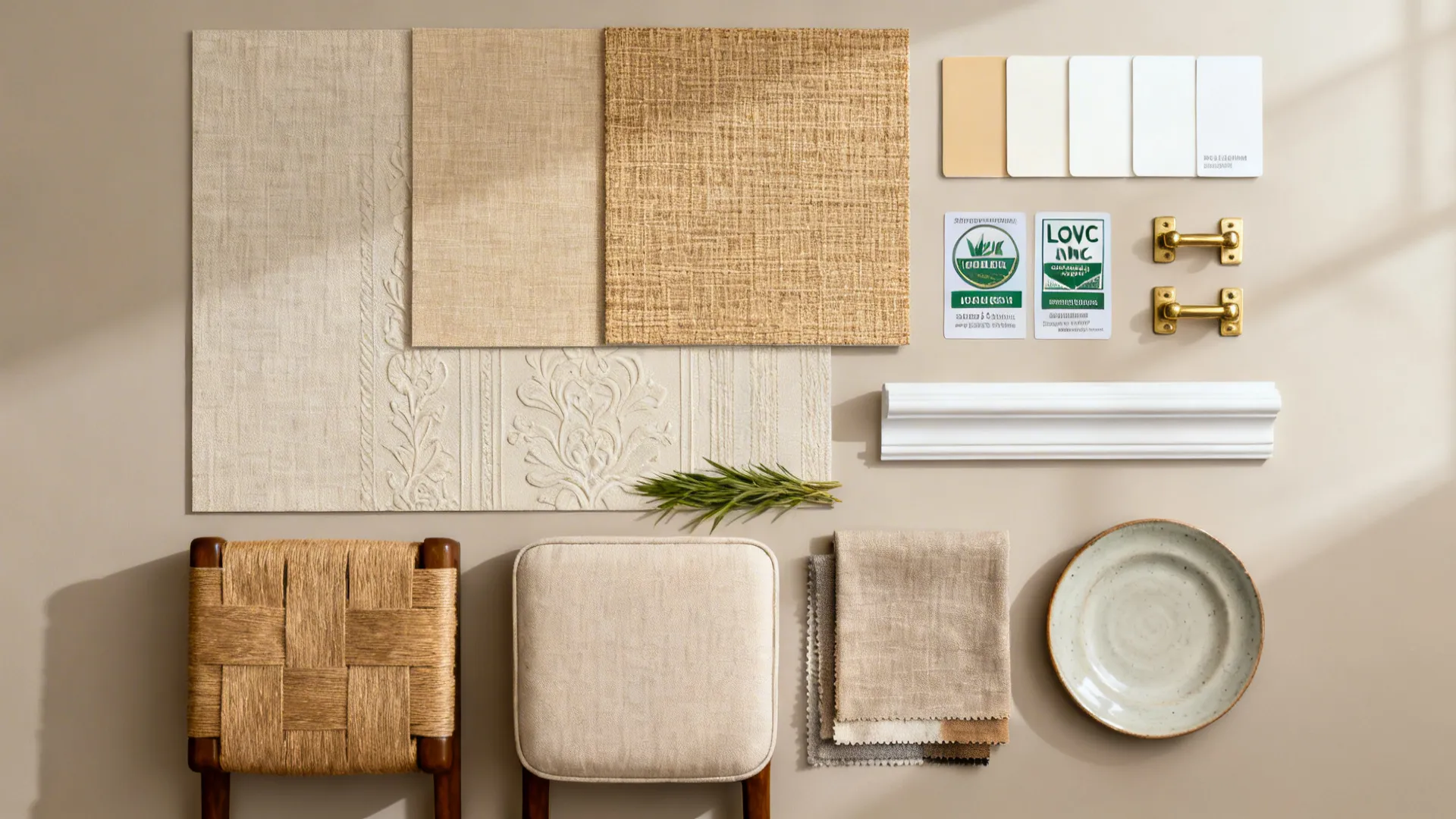 Flat lay of linen-look vinyl, grasscloth swatches, warm white paint chips, and textiles.