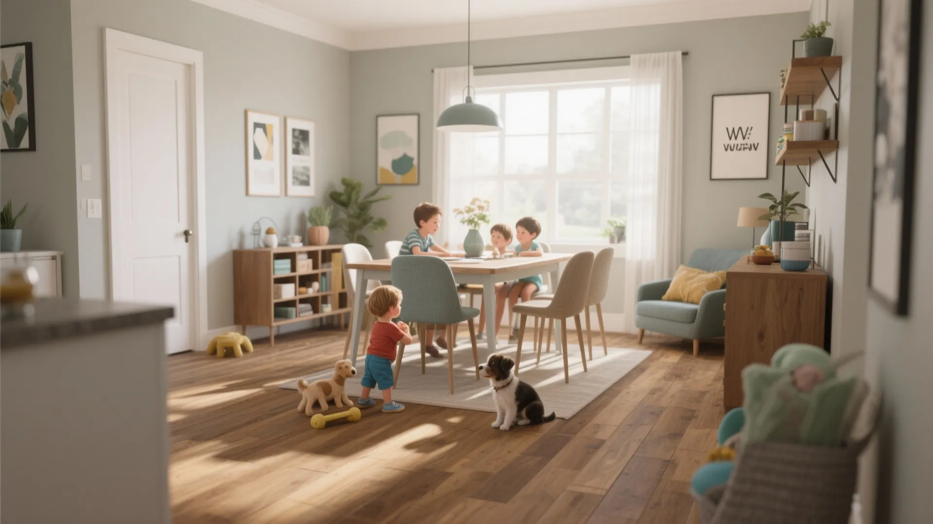 Cozy dining room with wooden floor children eating at table and toddler playing with small dogs