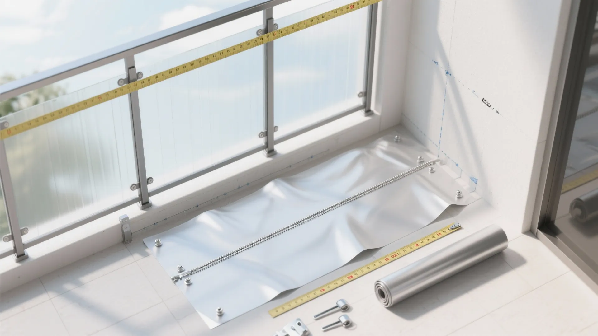Top-down layout showing clear vinyl panel installation steps with measurements and hardware placement on a balcony.