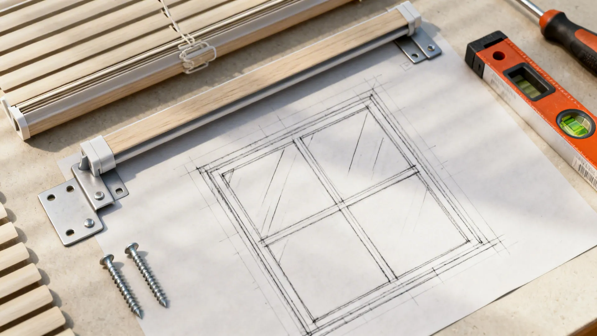 Window installation drawing on a table with tools like screws a level and window blinds