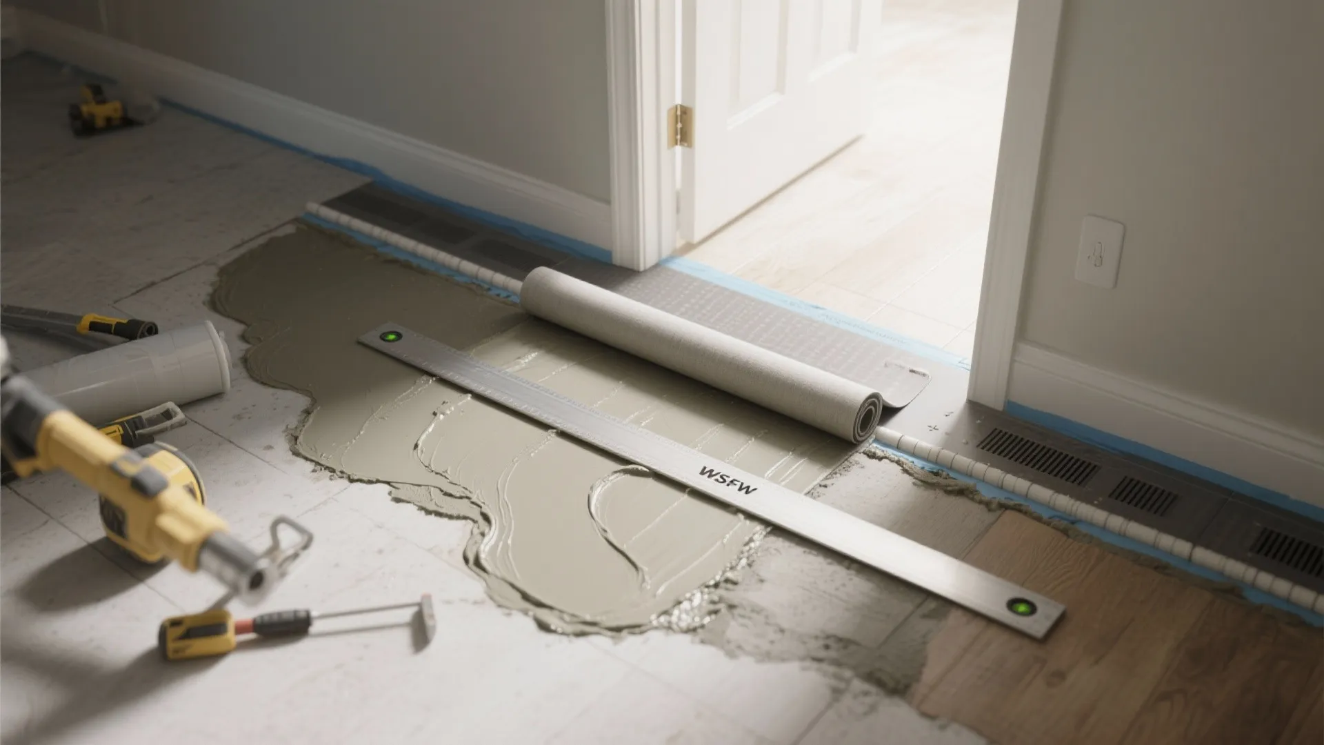 Top-down view of subfloor leveling, underlayment, and expansion gap details for vinyl.