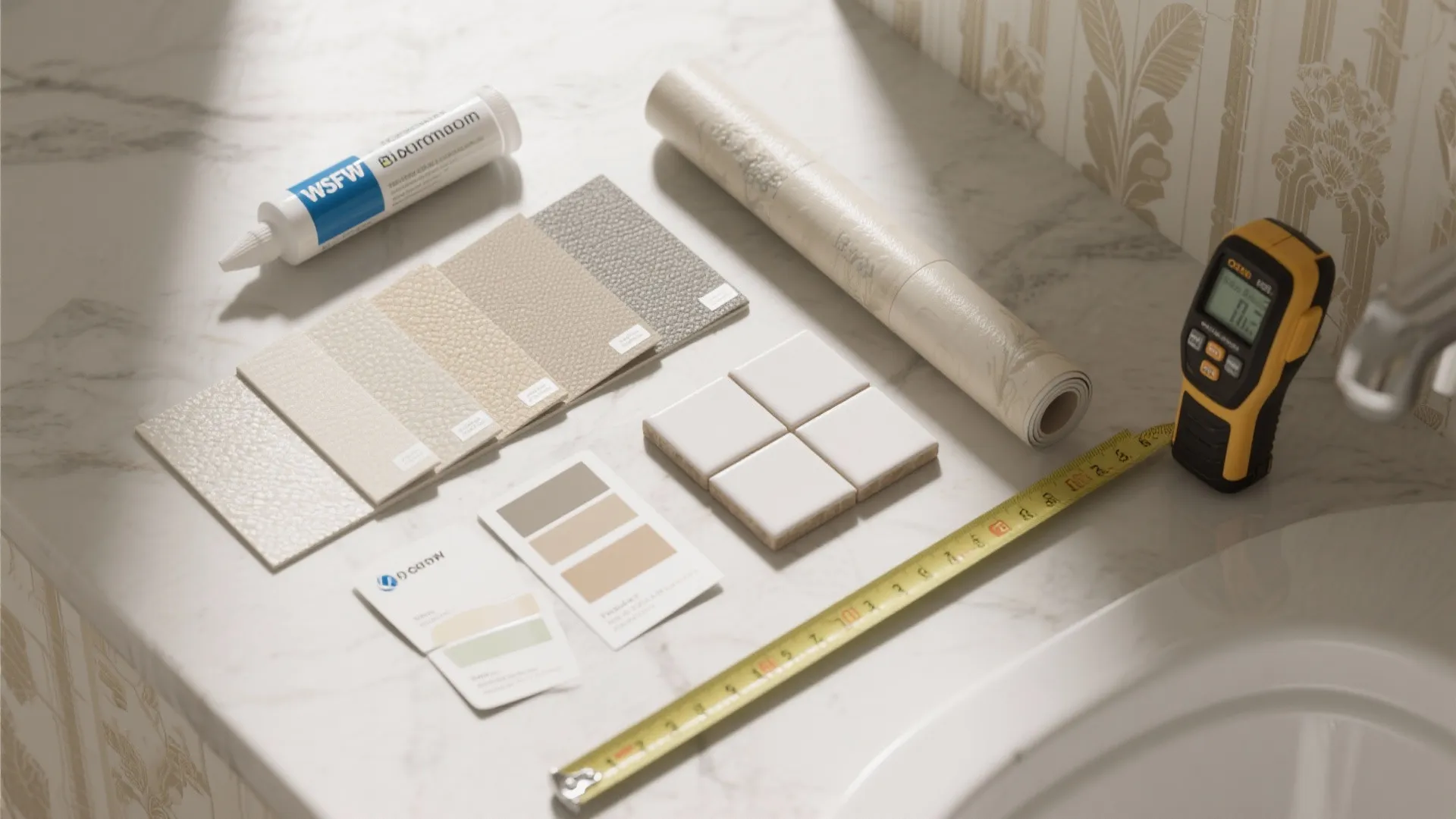 Interior renovation tools and materials including measuring tape wallpaper samples glue and tiles on marble table