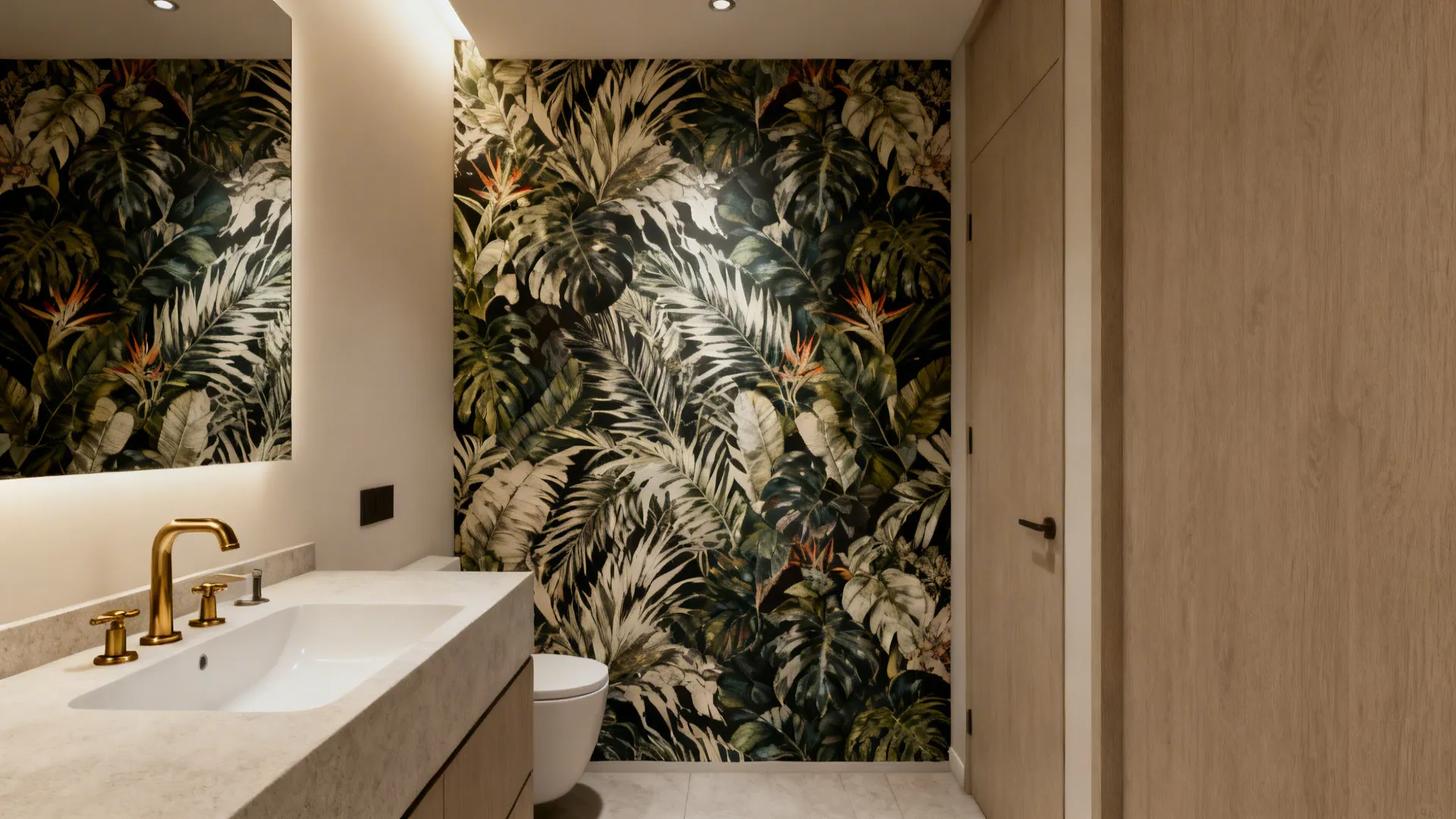 Powder room with a botanical water-resistant vinyl mural and brass sink fixtures