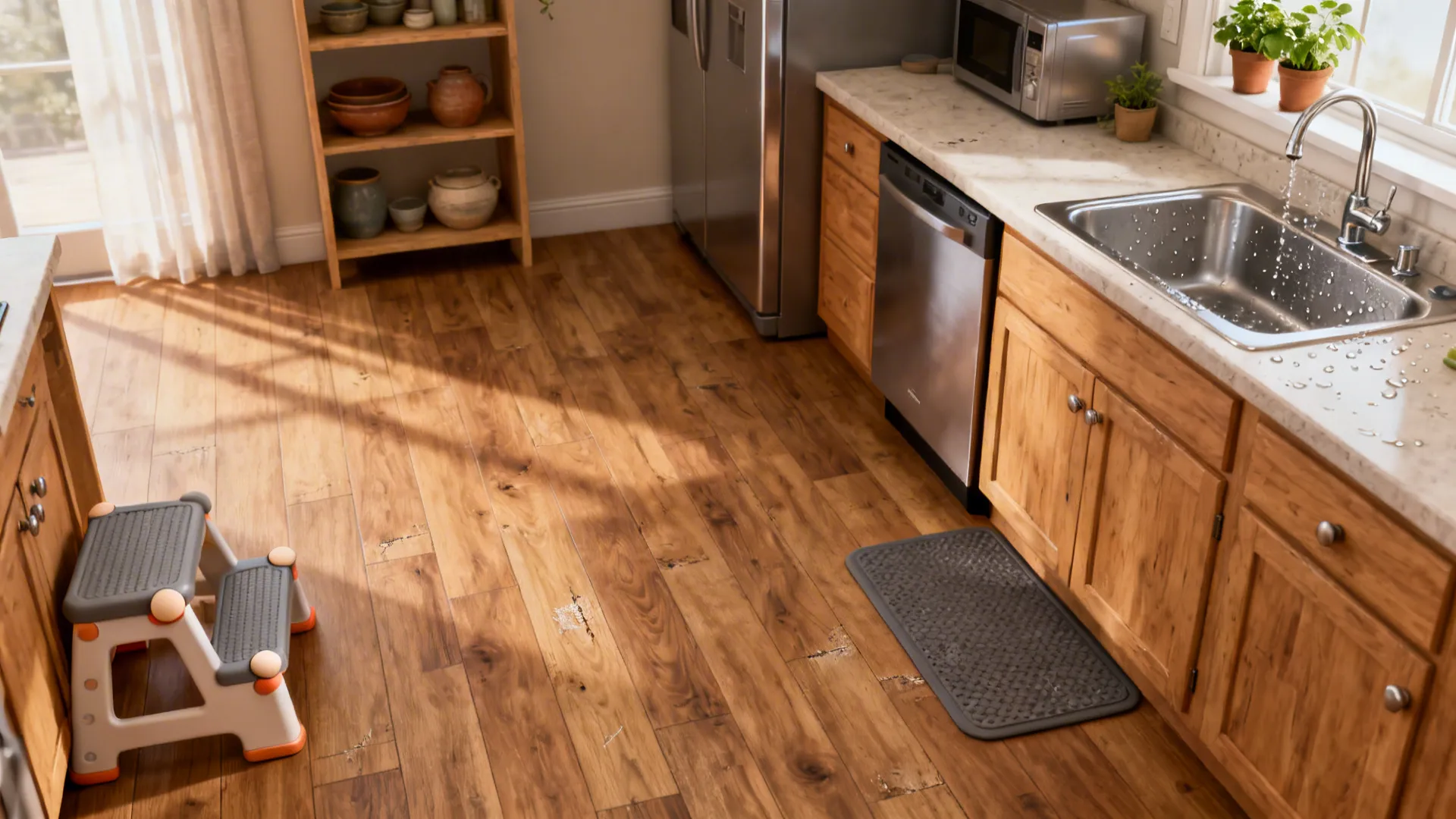 Informal kitchen with warm-toned luxury vinyl plank flooring and oak cabinets, practical and family-ready.