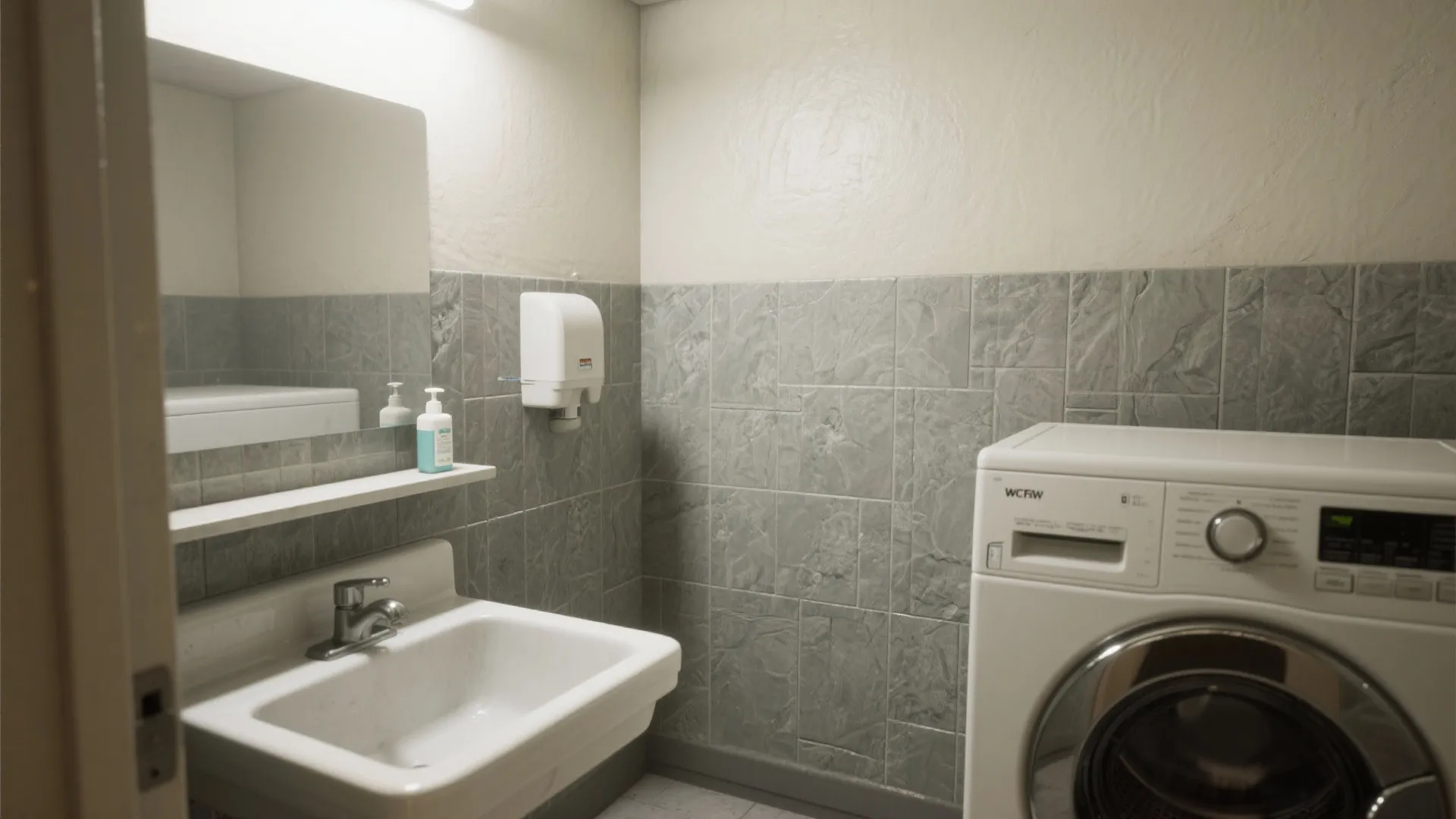 Small utility room showing white sink mirror soap dispenser grey wall panel and washing machine
