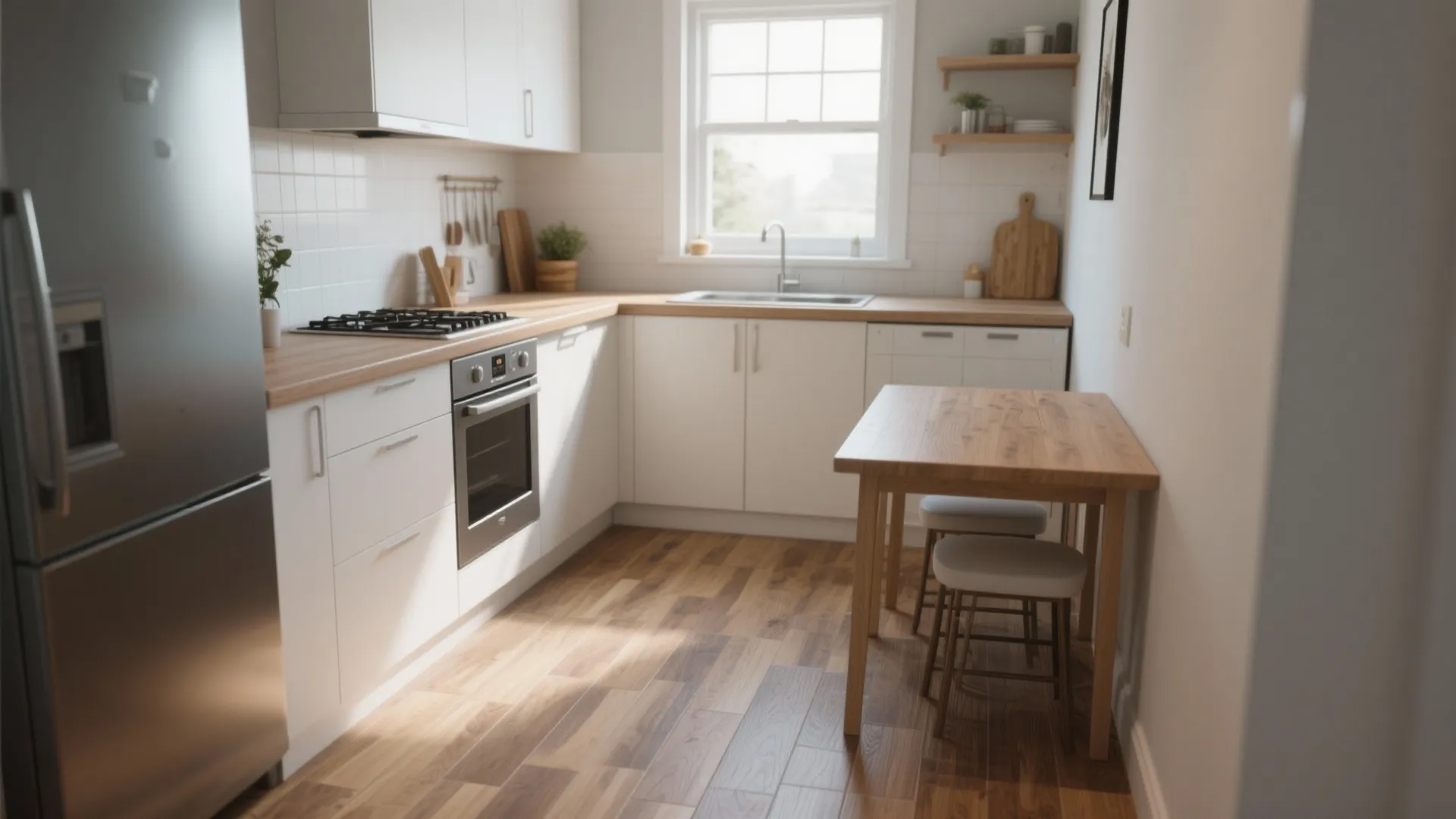 Small white kitchen with wood countertops stainless steel oven and a small wooden dining table set
