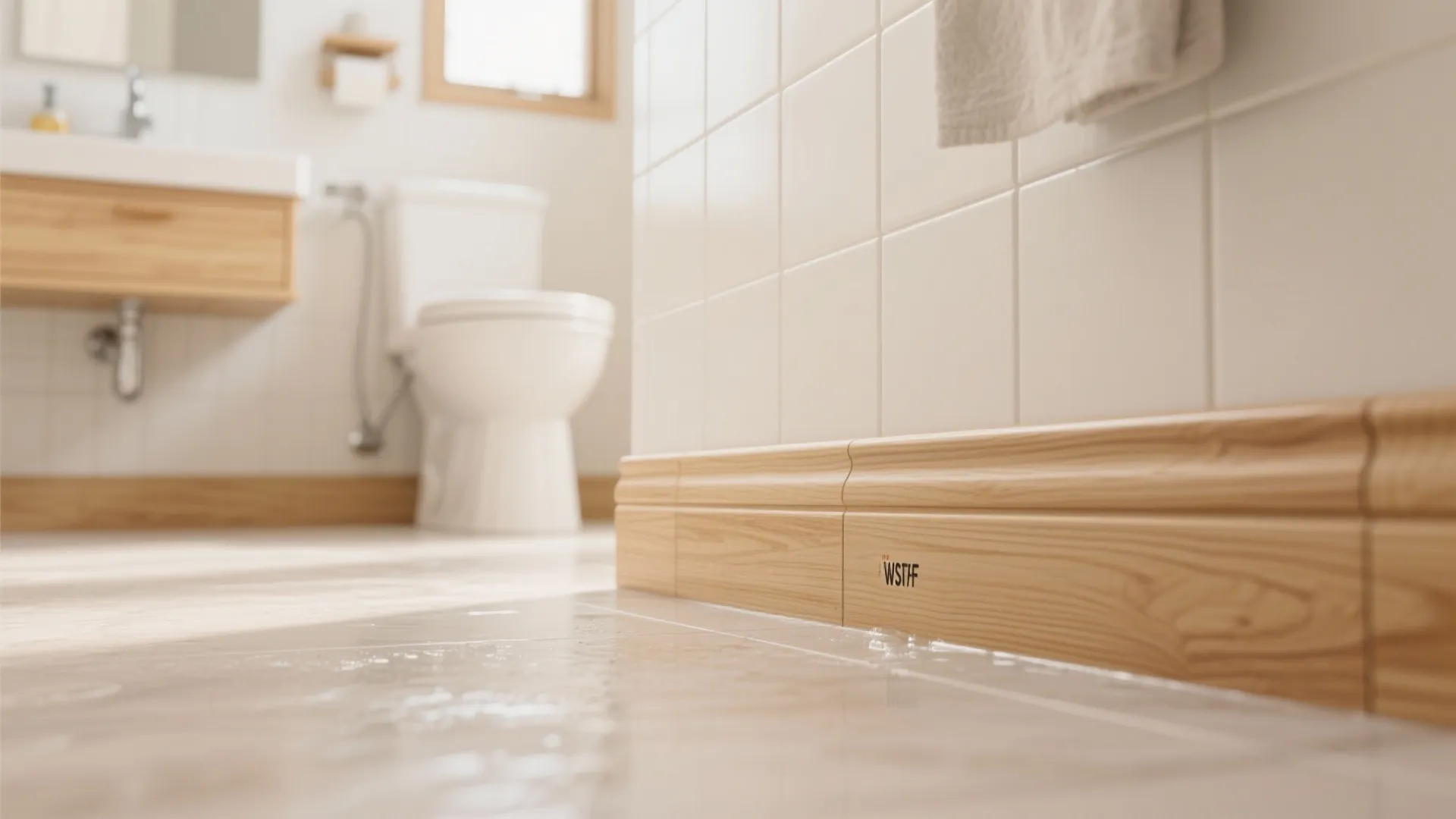 Bathroom with wood-look PVC baseboard trim