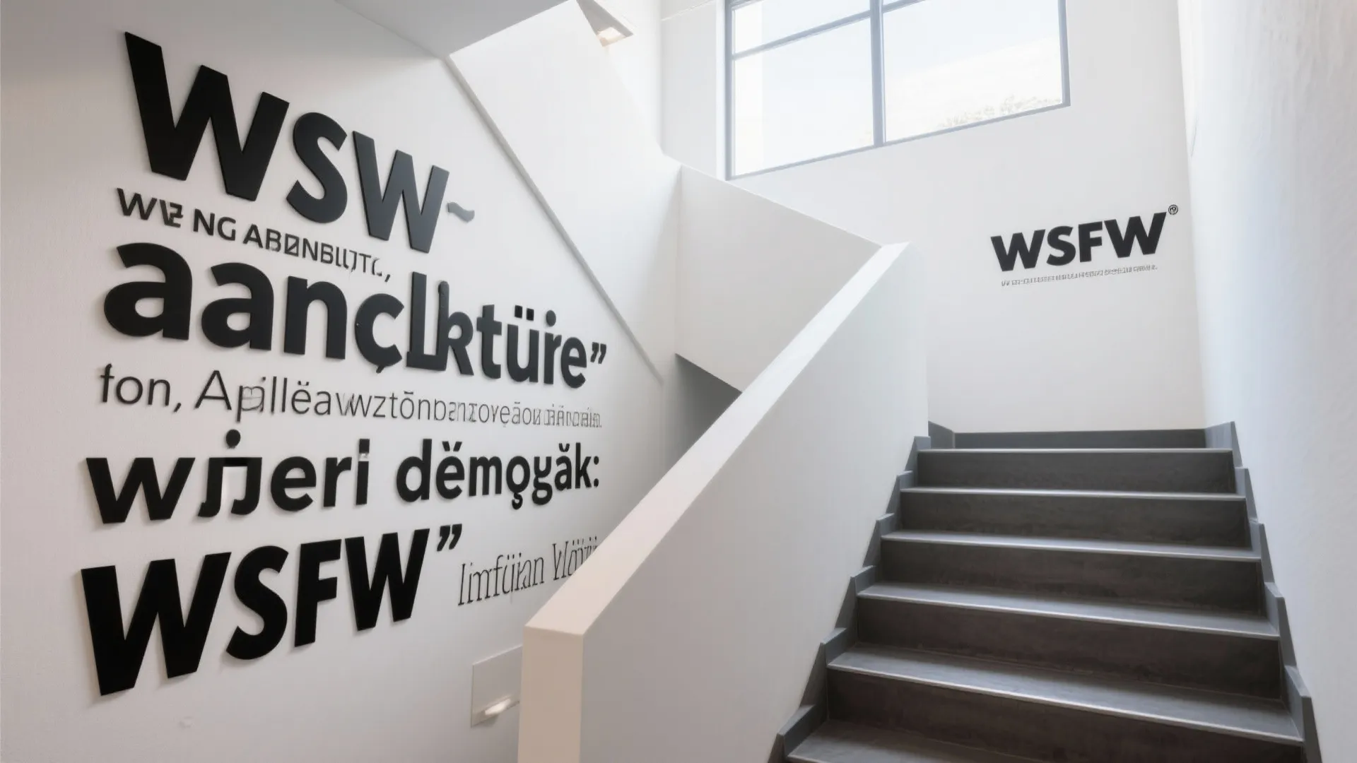 Modern white staircase with grey steps featuring large black wall stickers with bold typographic designs