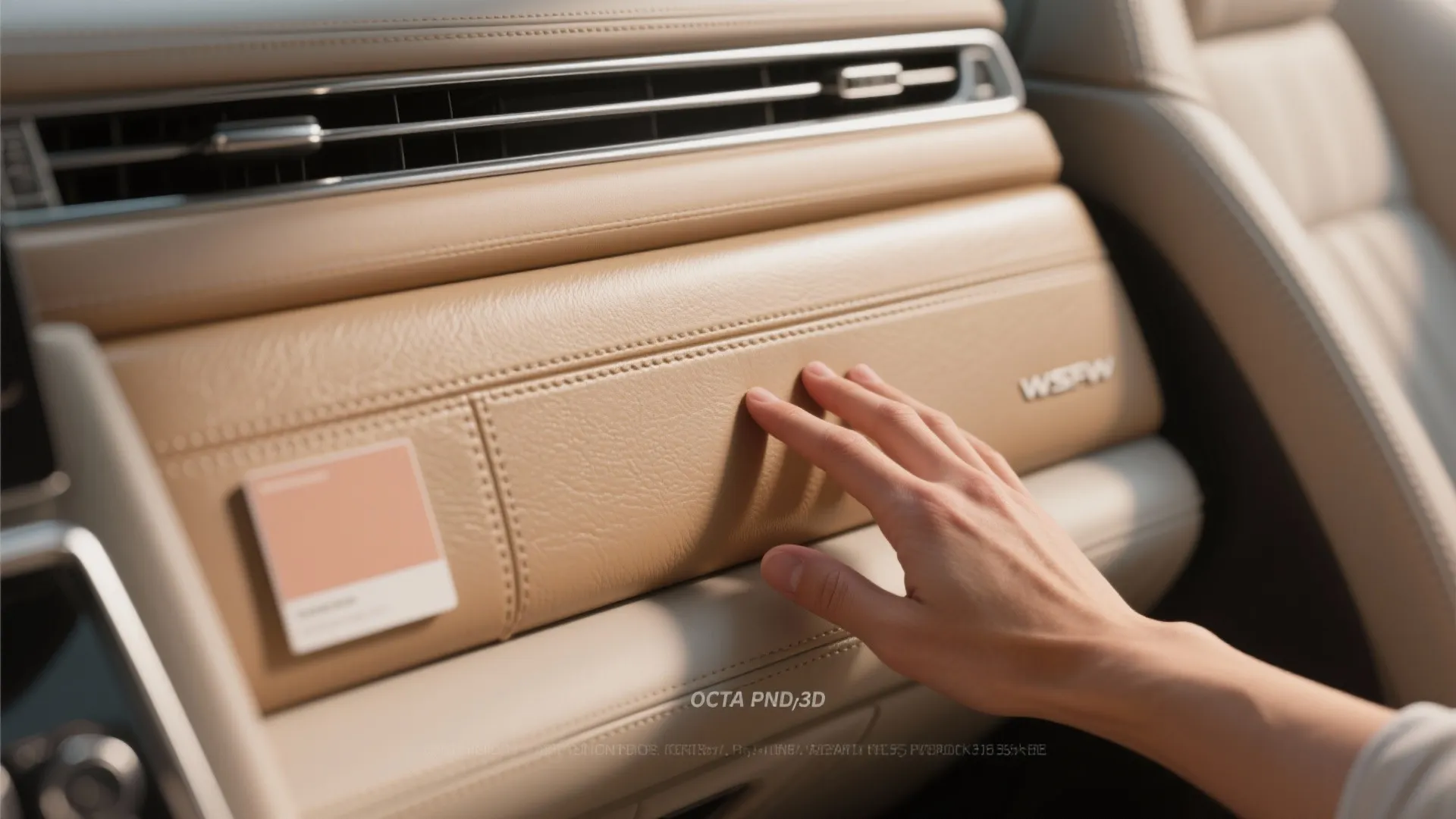 Person touching a smooth beige leather dashboard panel inside a car with clean interior design