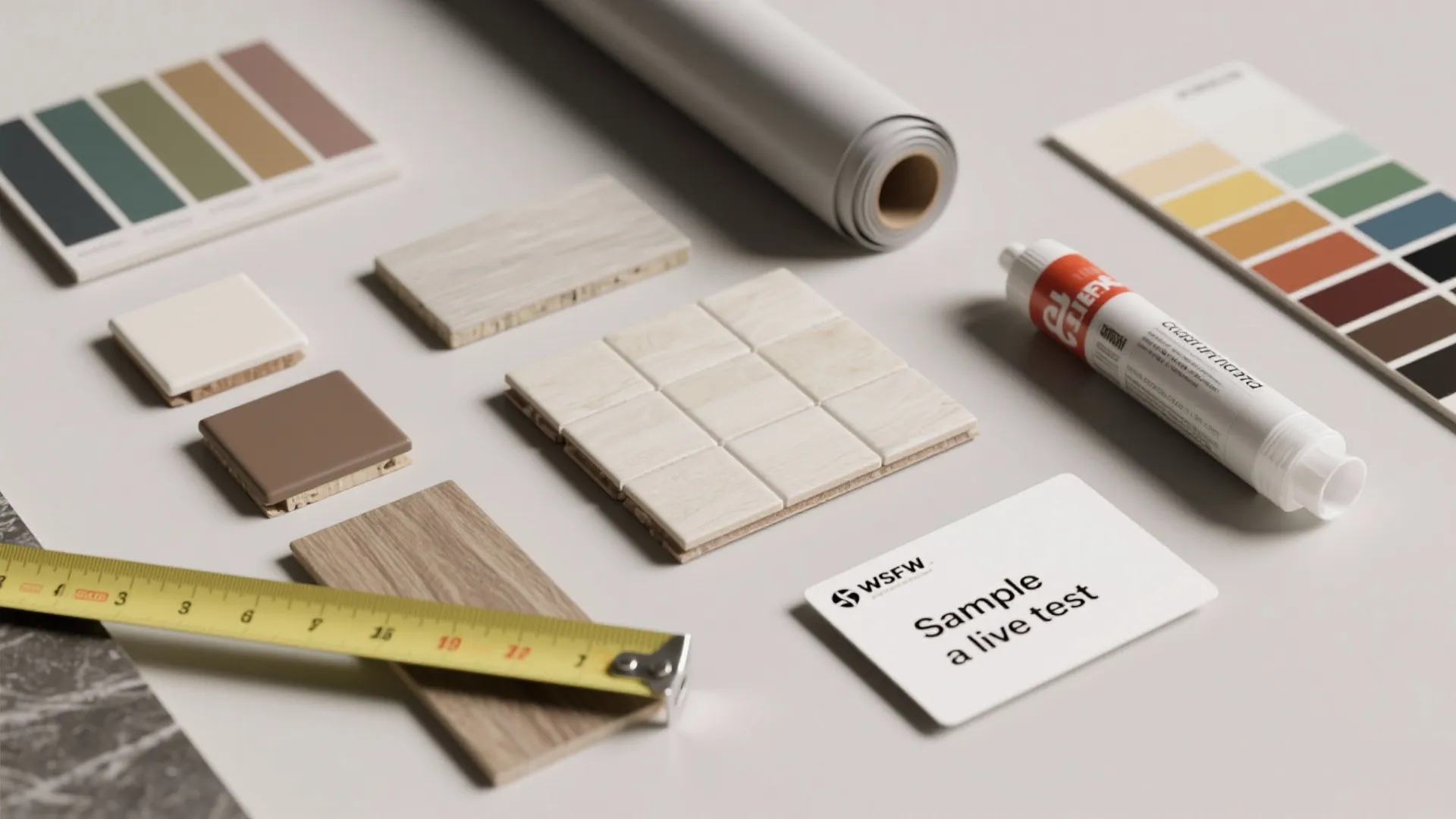 Collection of vinyl flooring material samples with wood patterns and color cards on a table