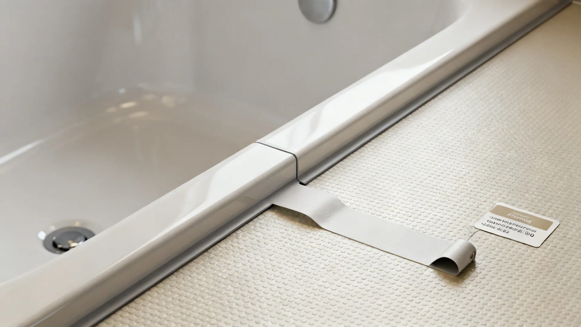 Close-up of vinyl edge and sealed transition near a tub showing waterproofing and slip texture