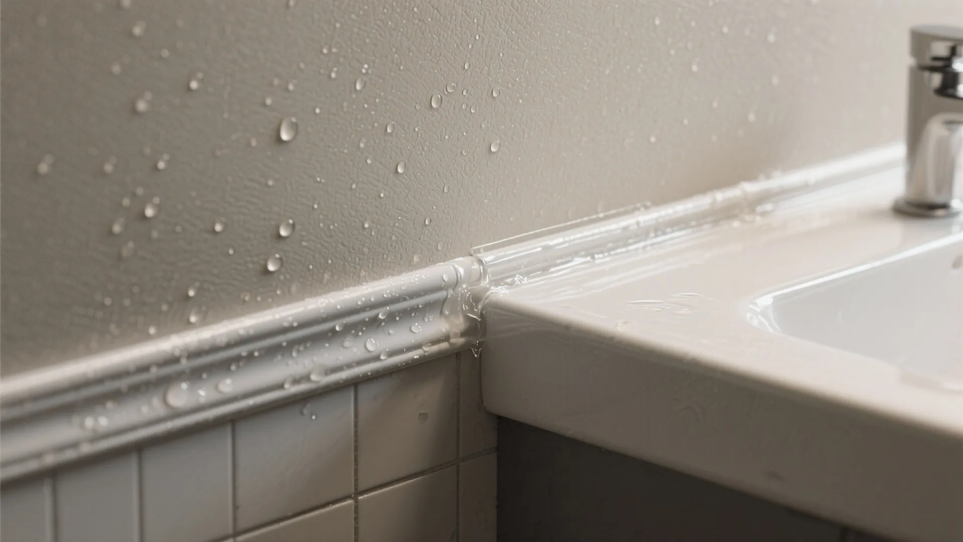 Close view of water droplets on a bathroom wall and sink with clear waterproof sealant