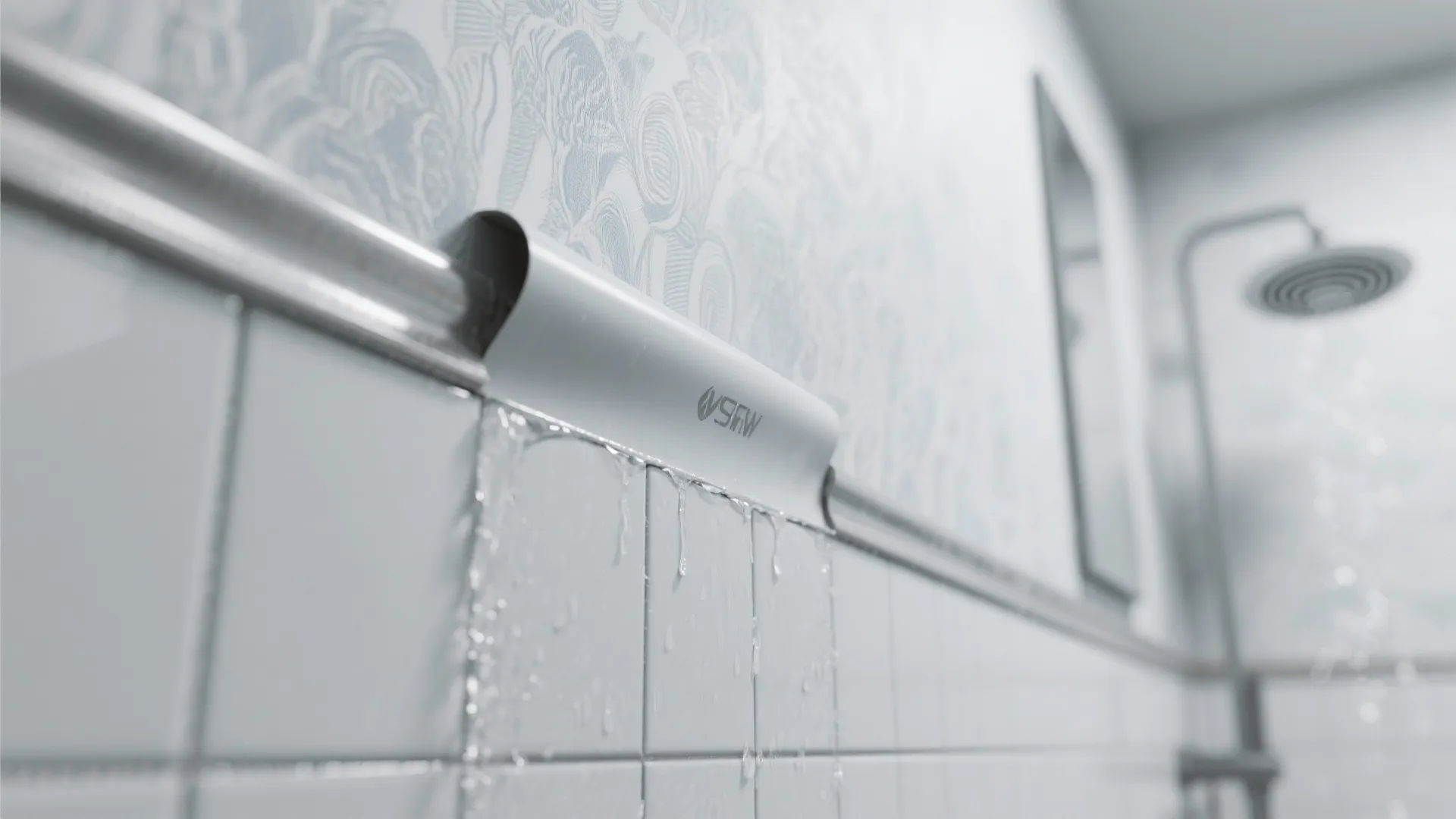 Close-up of a moisture-resistant vinyl wallpaper seam above a tiled splash with waterproof trim.