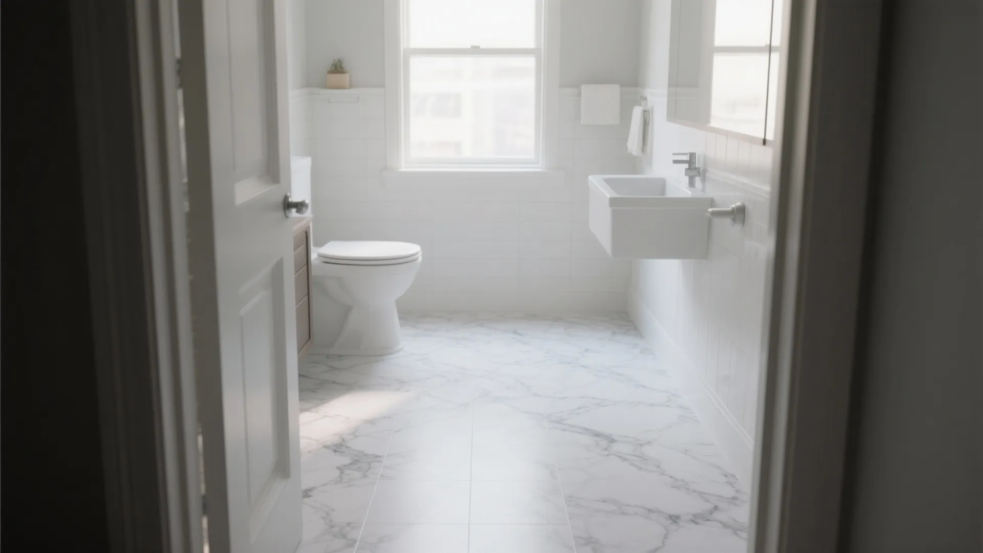 Modern bathroom featuring white marble floor tiles plus a white toilet and a wall sink