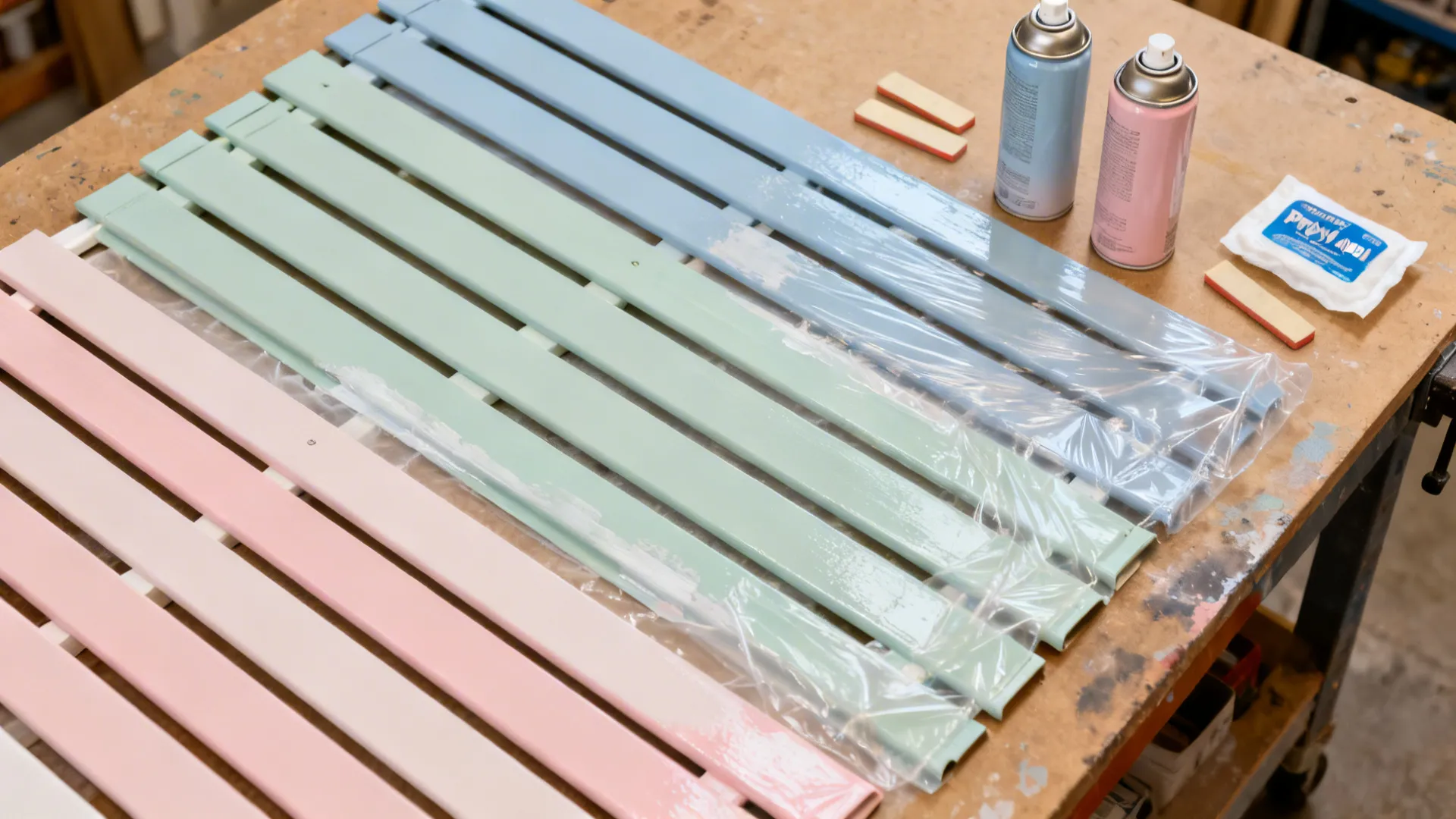 Top-down repainting setup for vinyl slats with primer and pastel sprays.