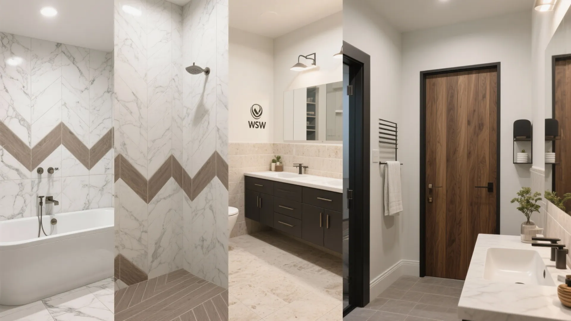 Bathroom scene showcasing marble-look, chevron, SPC, vinyl wainscot, and wood-look vinyl ideas together.