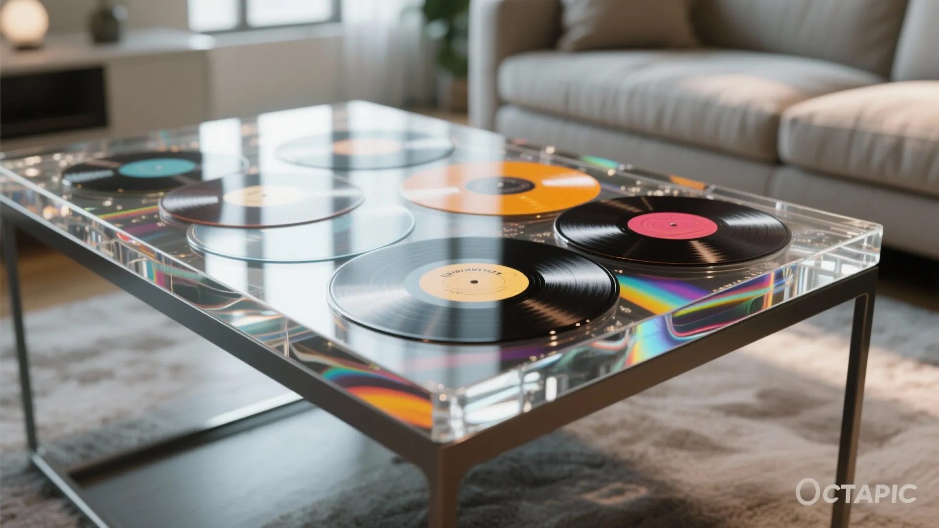 Close-up of coffee table with colorful vinyl records embedded in resin