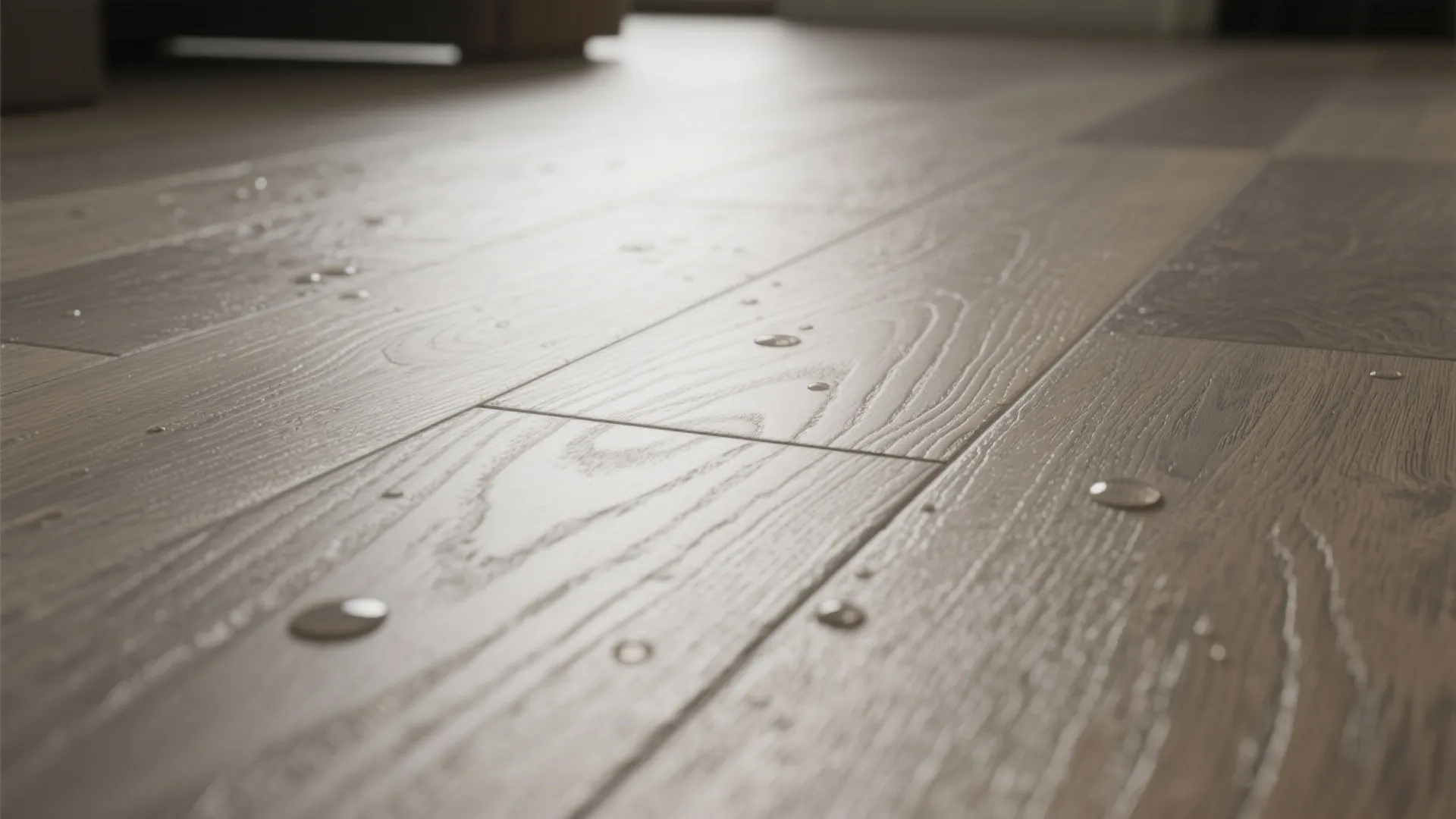 Close up of waterproof wood look flooring planks with water droplets on the textured surface grain