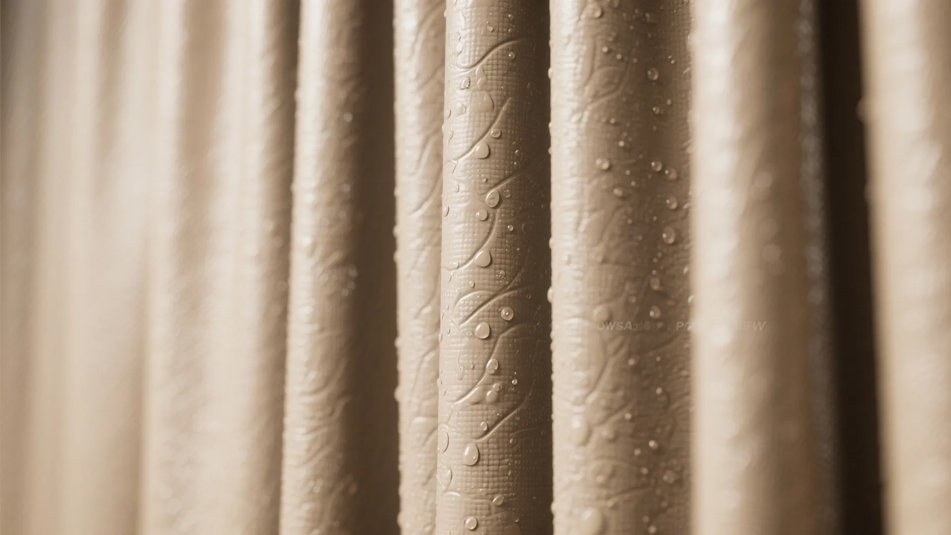 Close up of beige waterproof curtain fabric with small water drops and embossed leaf pattern texture