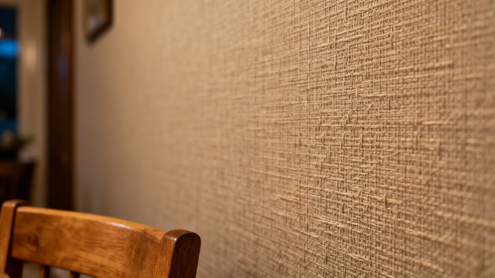 Macro of linen-look vinyl wallpaper with soft warm light grazing the texture.