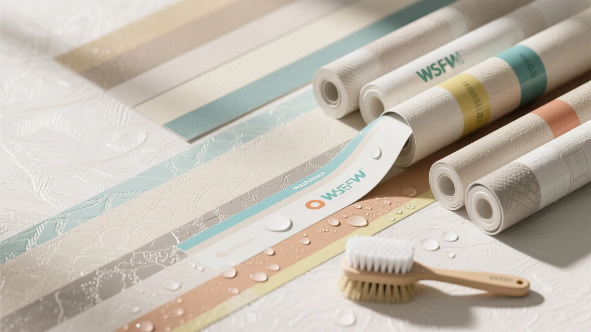Waterproof wallpaper rolls in different patterns with water droplets and a small wooden cleaning brush tool