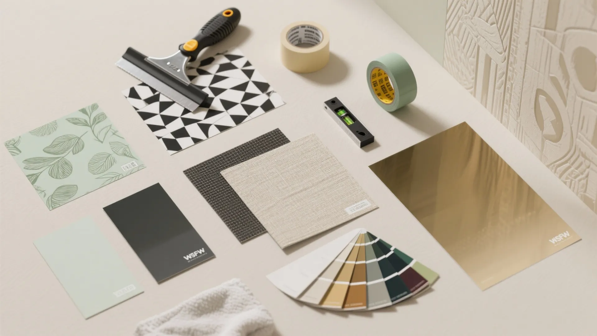 Interior design tools including color samples floor material pattern cards tape and a small level