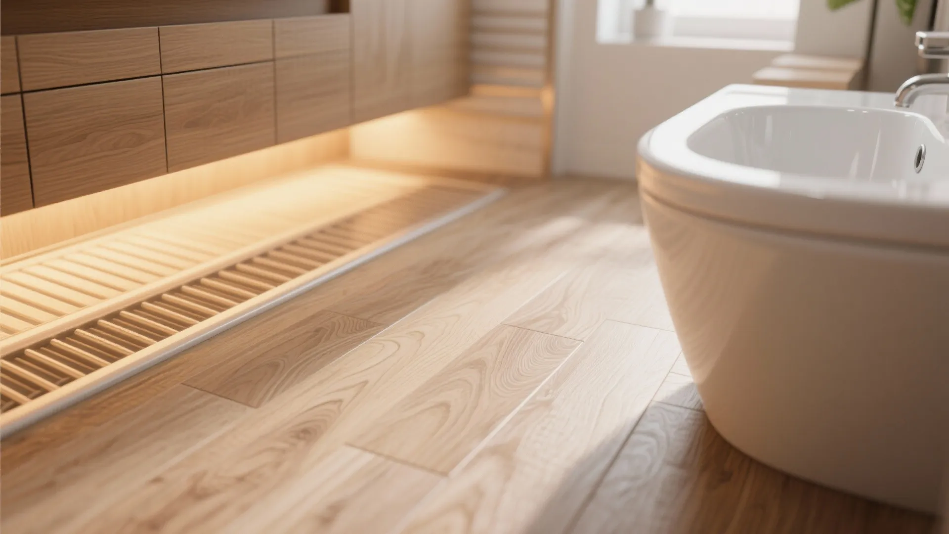 Close up of light wood floor with floor heater vent next to a white bathtub
