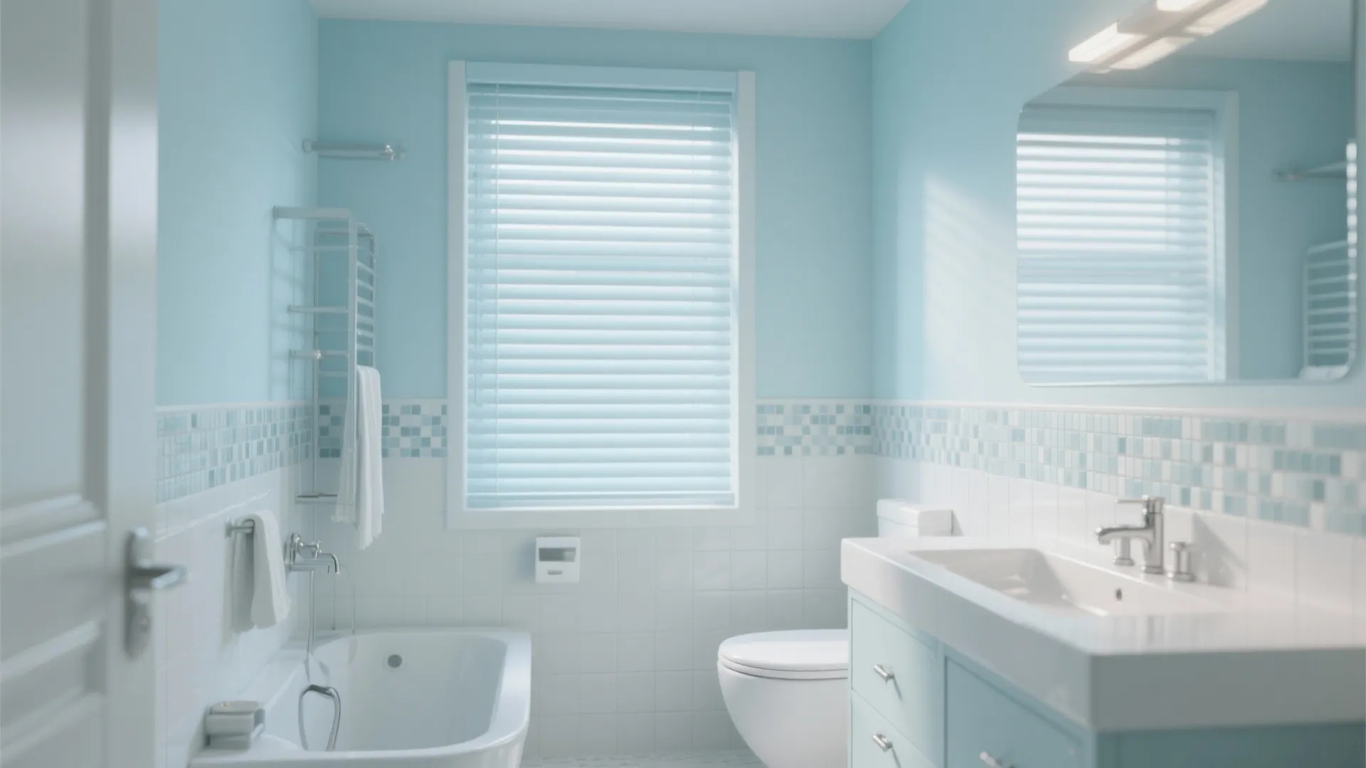 Light blue bathroom with white tiles and window blinds above a white sink and toilet