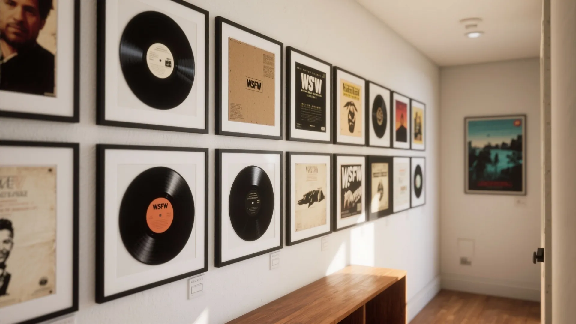 White wall decorated with framed black vinyl records and music posters above a wooden cabinet