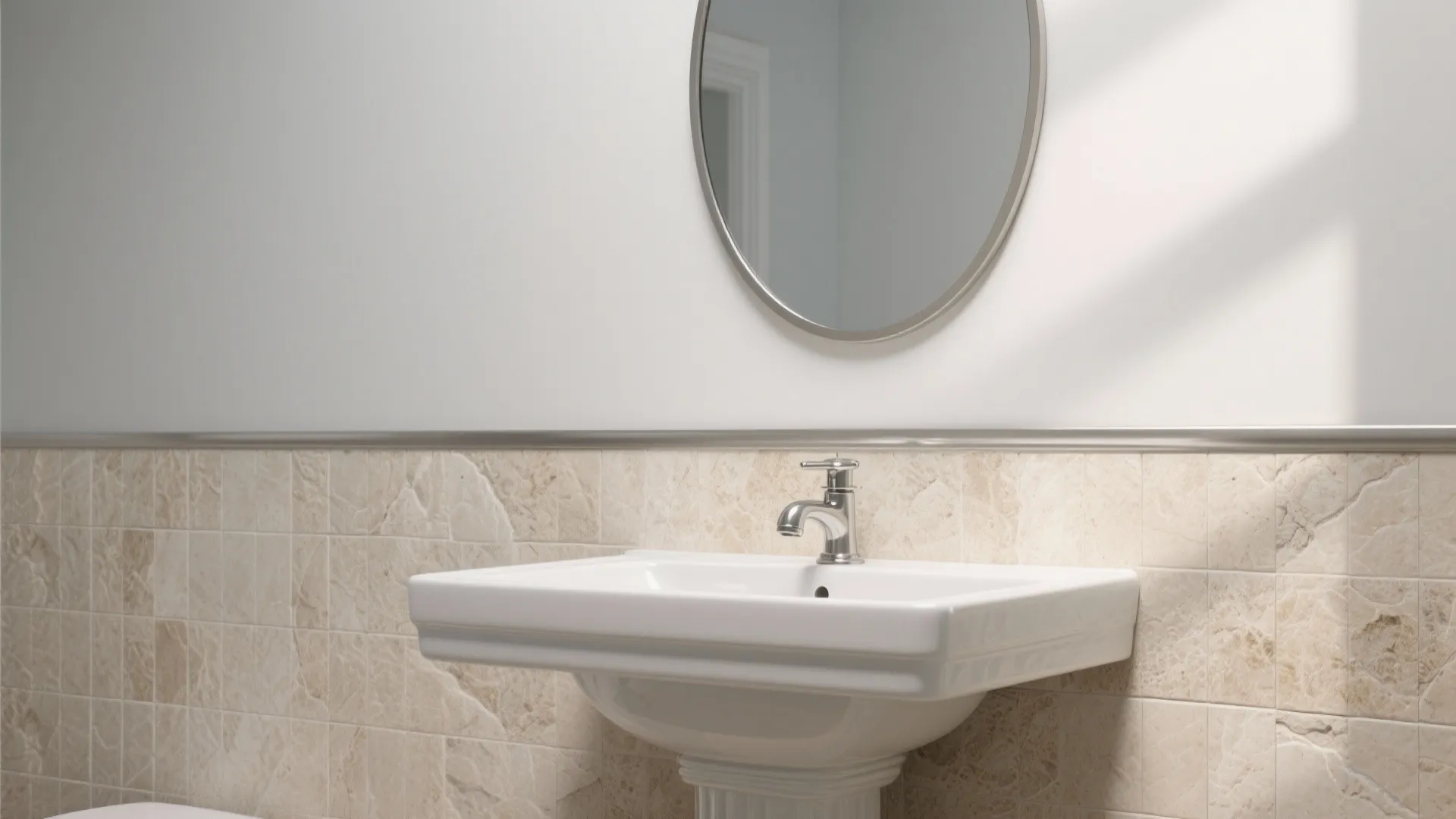 Bathroom vanity wall with travertine-look vinyl wainscot and slim metal trim.
