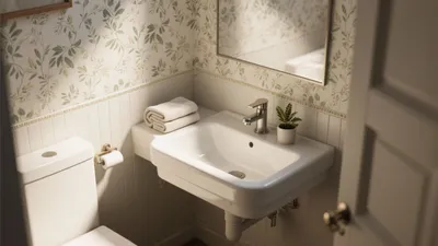 Cozy Bathroom with Floral Wallpaper and White Wainscoting