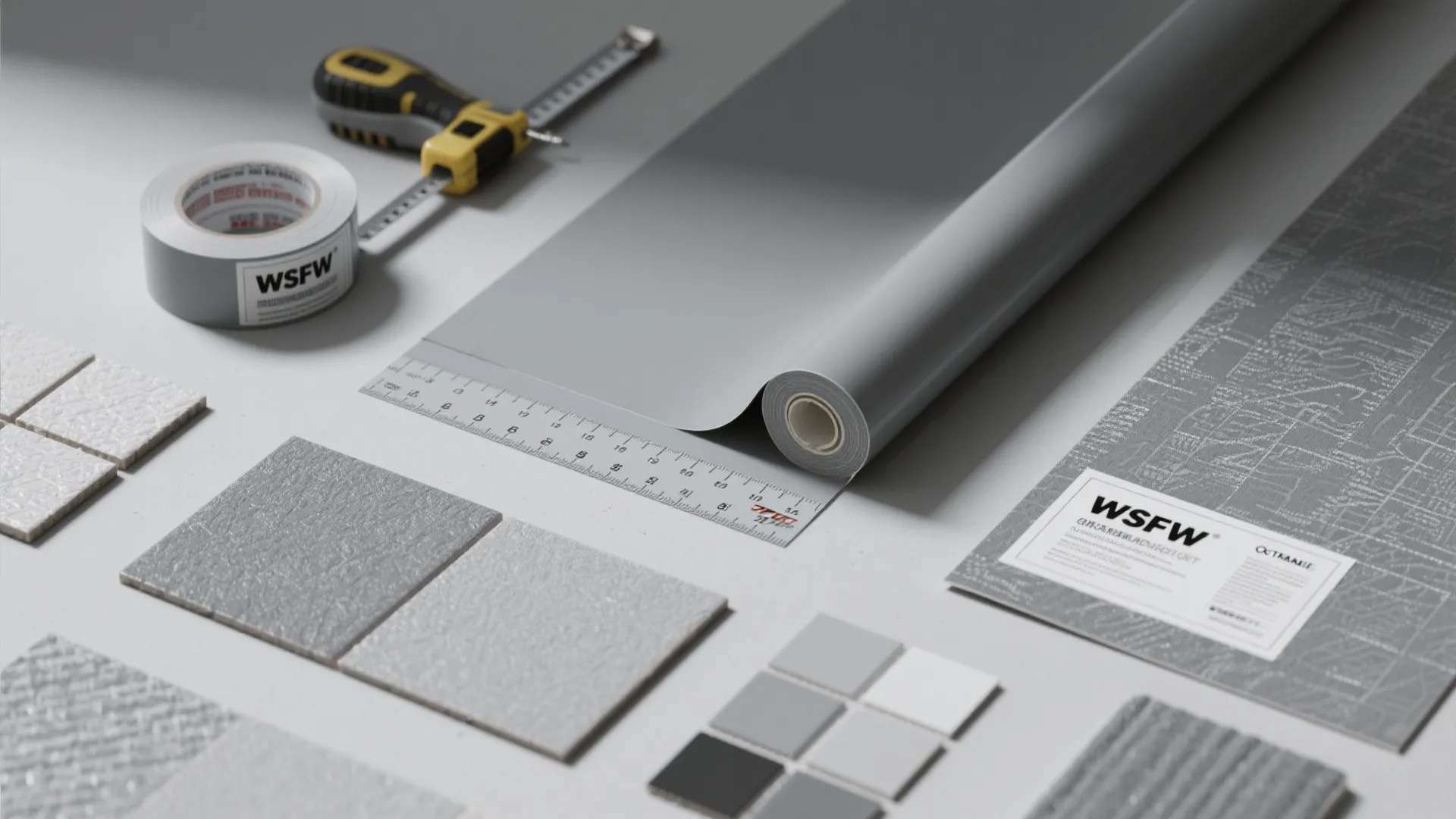Flatlay of moisture-resistant grey vinyl wallpaper samples and installation tools