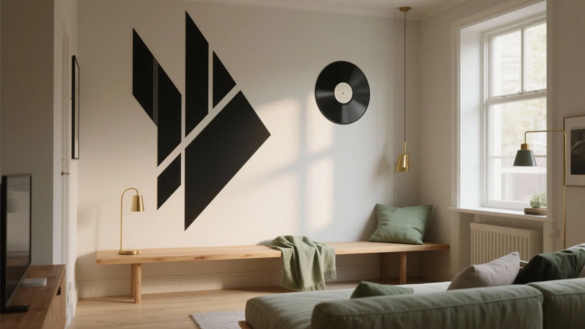 Modern living room with black wall stickers a wooden bench green cushions and natural light