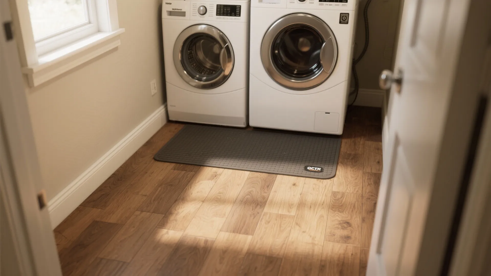 Small laundry room with wood flooring gray floor mat and white washer and dryer units