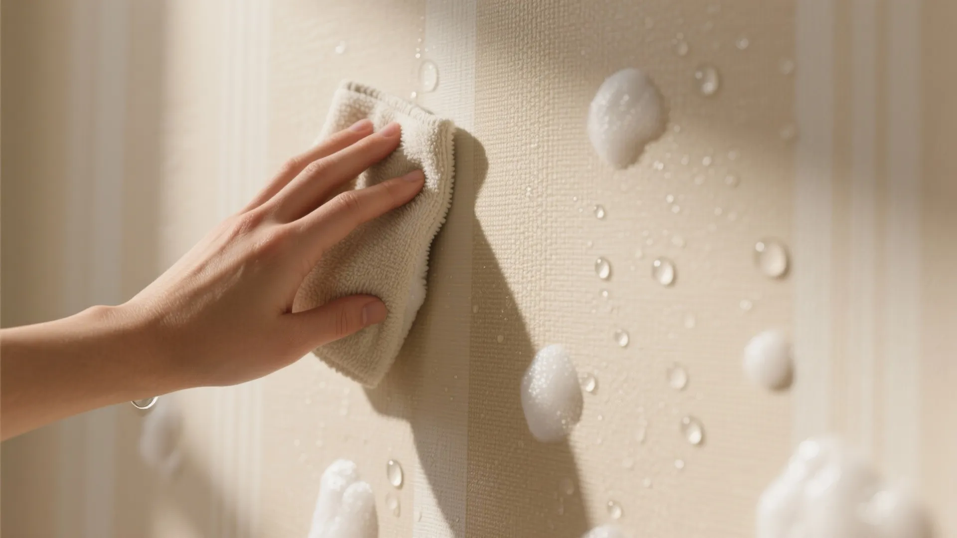 Close up of a hand cleaning water droplets and soap from striped wallpaper with a cloth