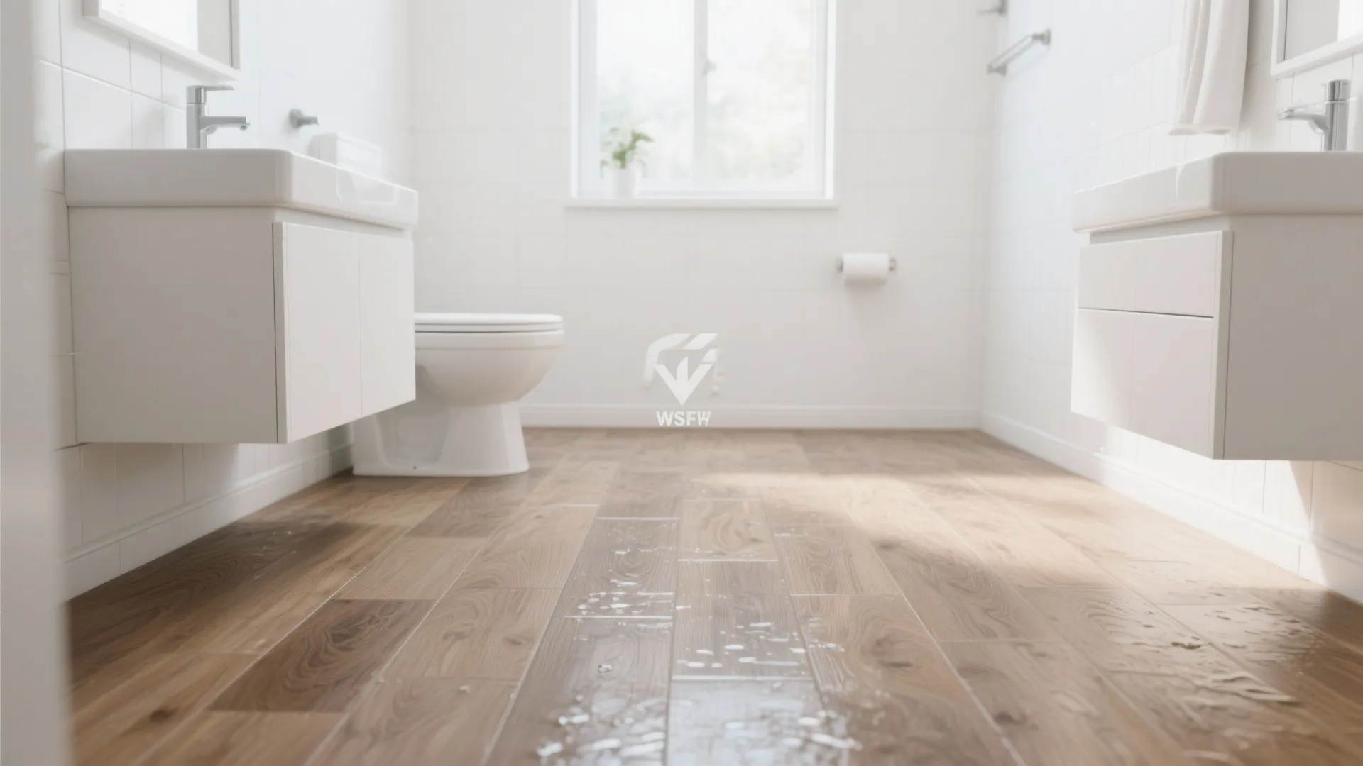 Bathroom with wood flooring and water puddles near white toilet and white wall sink cabinet