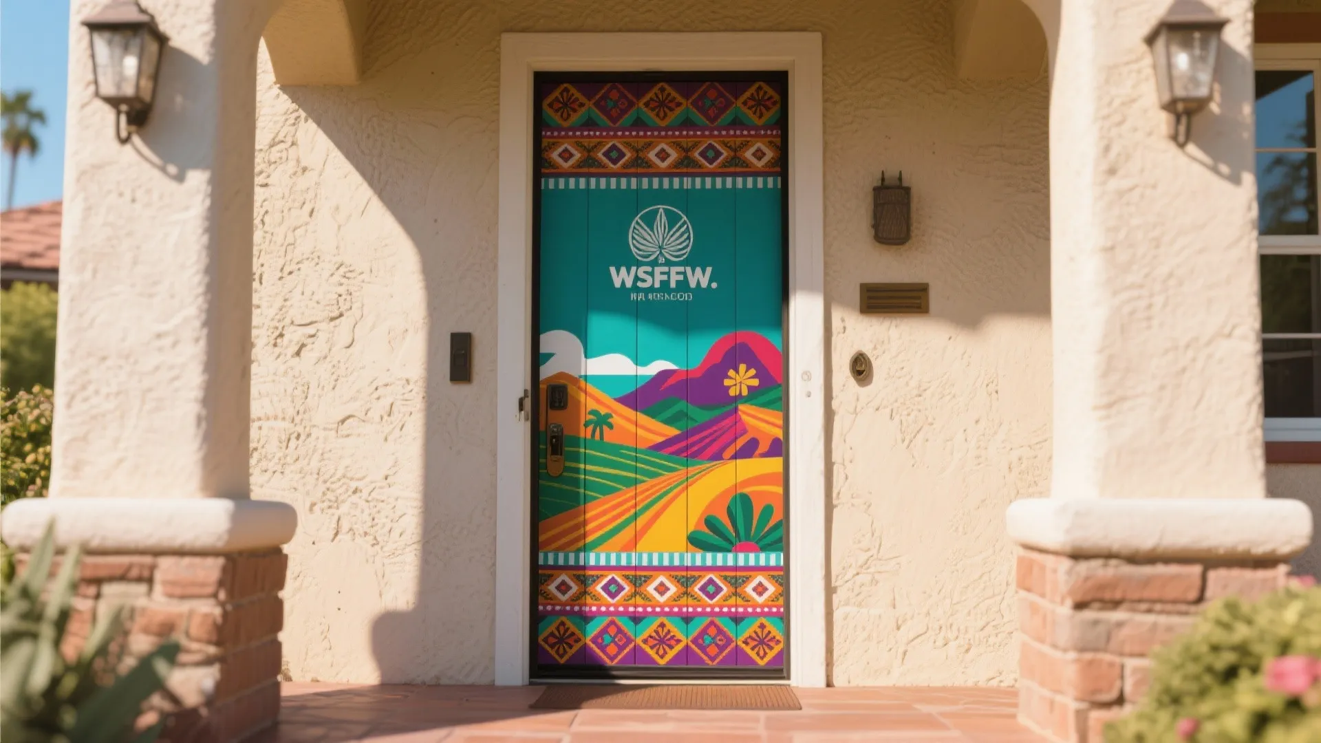 Front door with colorful landscape design wrap featuring mountains and trees under bright outdoor light