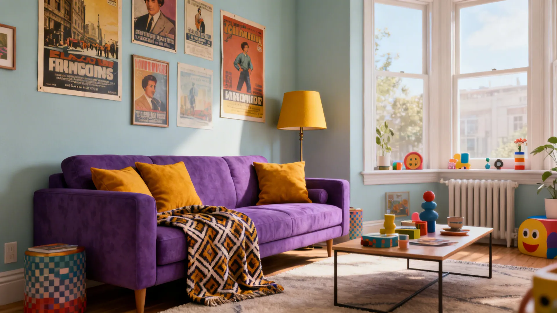 Violet sofa with mustard cushions and patterned throw against a wall with vintage posters.