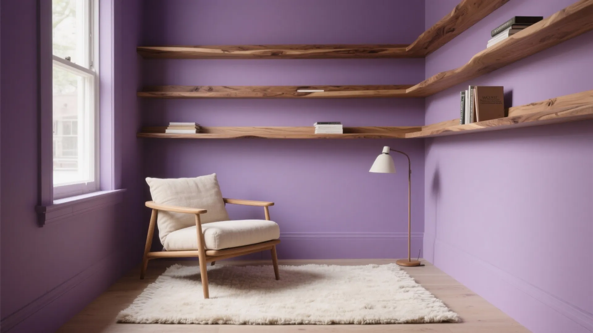 Purple room with wooden wall shelves, white armchair, white rug, floor lamp, and a window