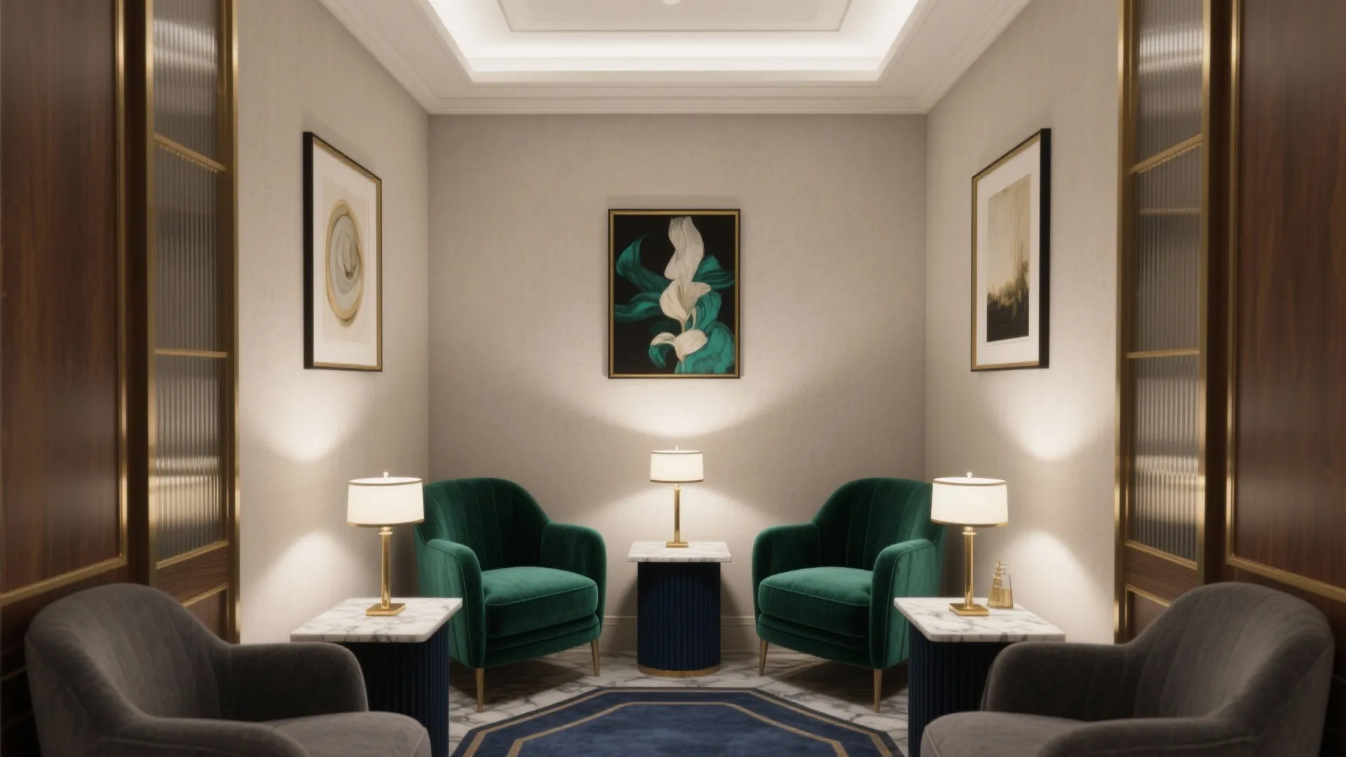Elegant lounge area with emerald green armchairs, marble side tables, table lamps, and wall art