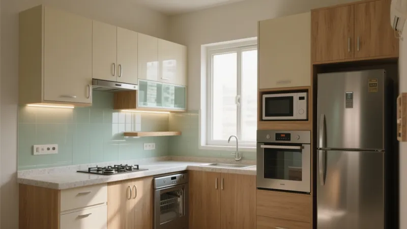 Modern L-Shaped Kitchen with Soft Green Tiles & Smart Storage