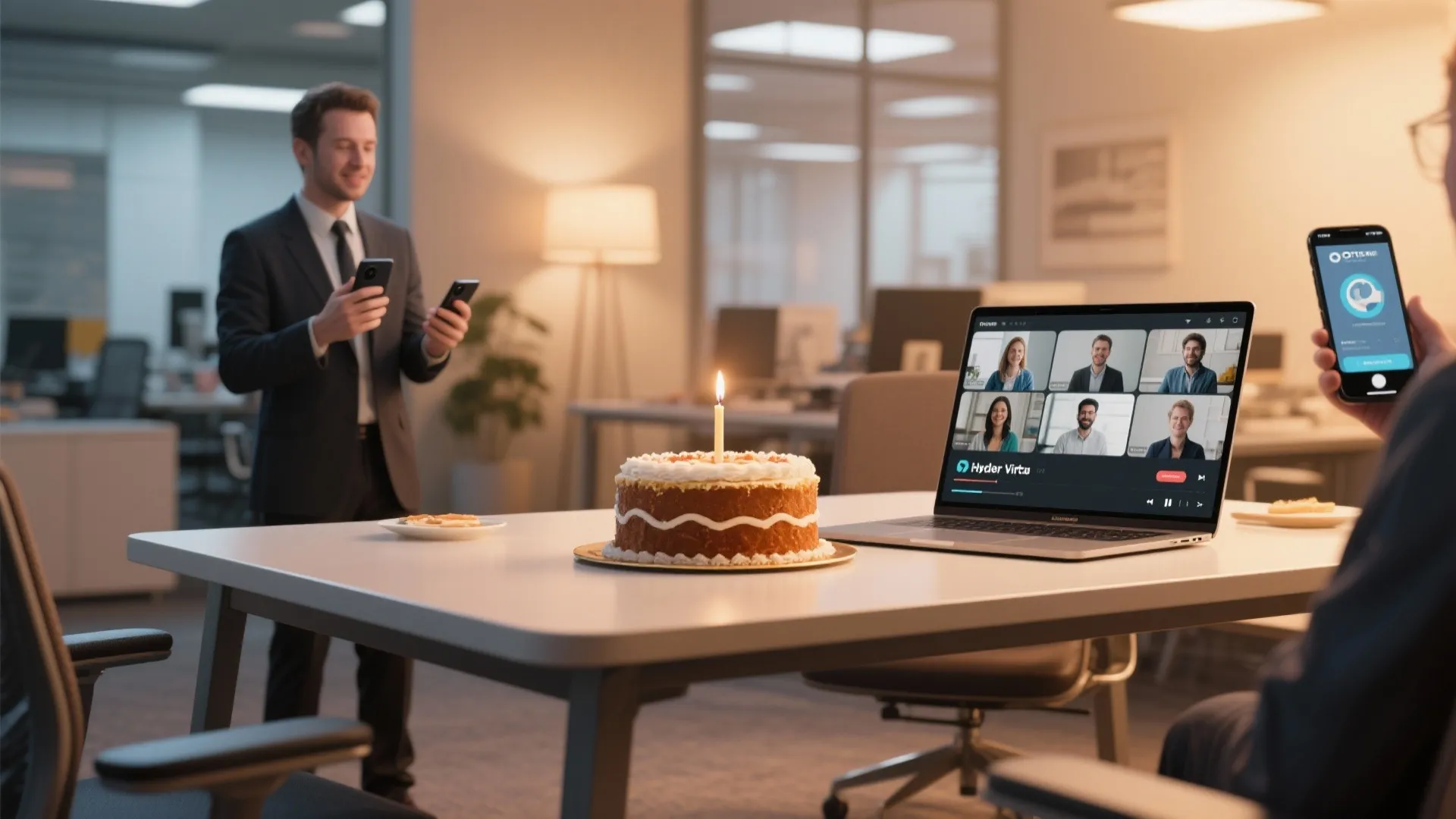 Birthday cake on office desk during a video call meeting with remote team on laptop
