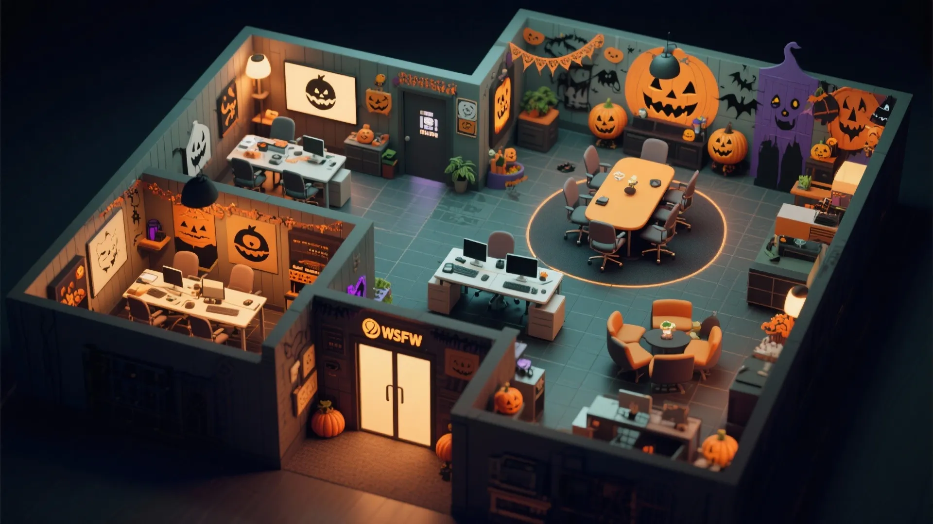 Modern office interior design drawing with Halloween decorations including pumpkins plus bats and room layout