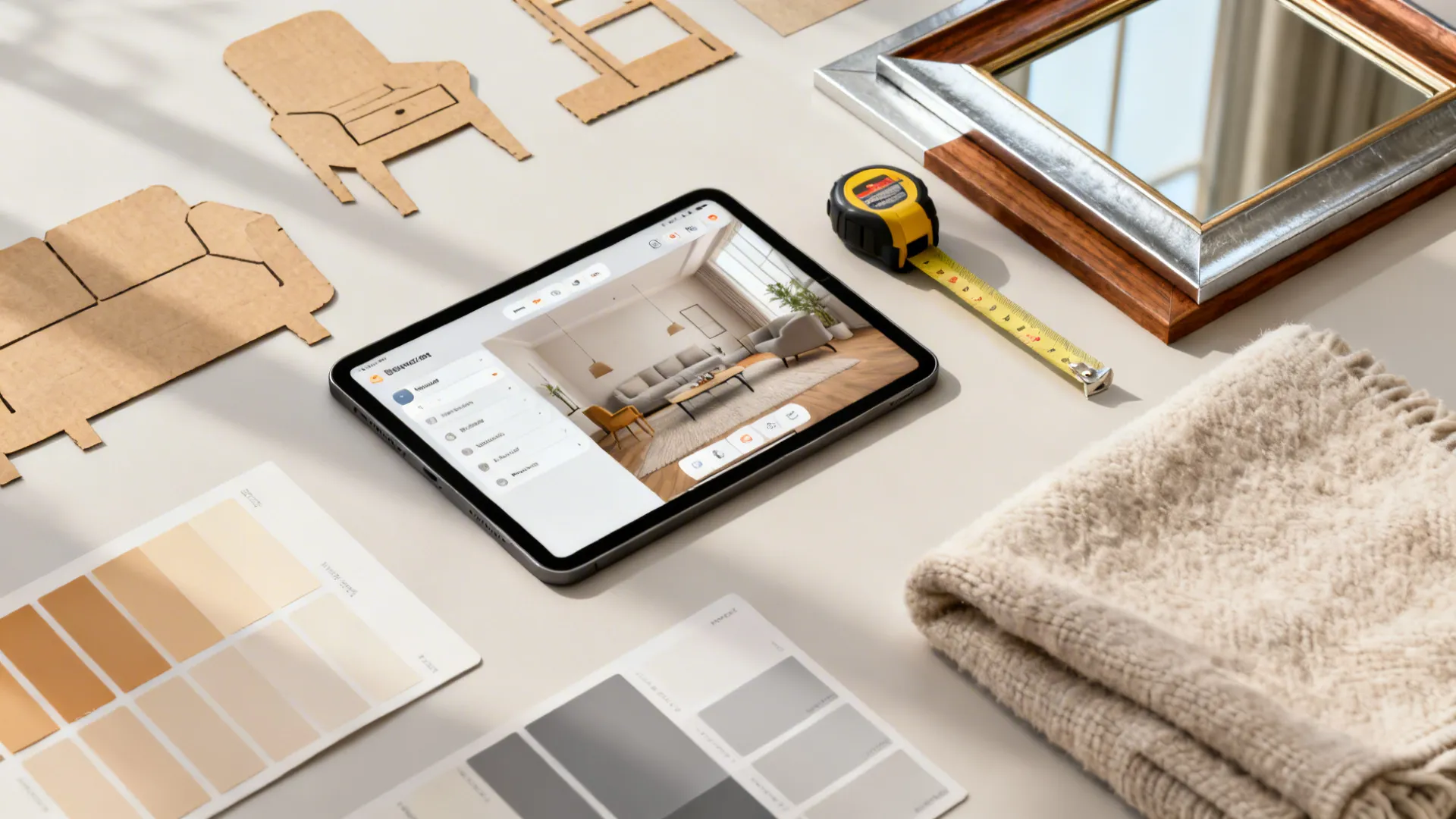 Flatlay of a tablet with room planner, measuring tape, paint swatches and mirror frame samples