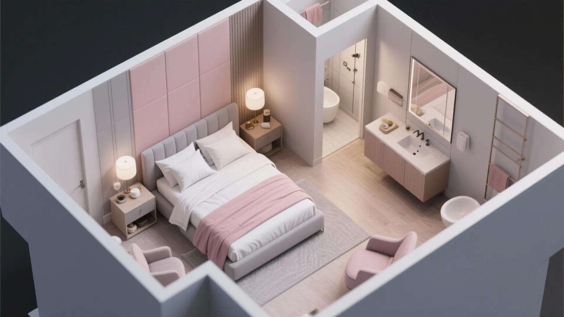 Top down interior design drawing of a modern pink bedroom and bathroom with small floor rugs