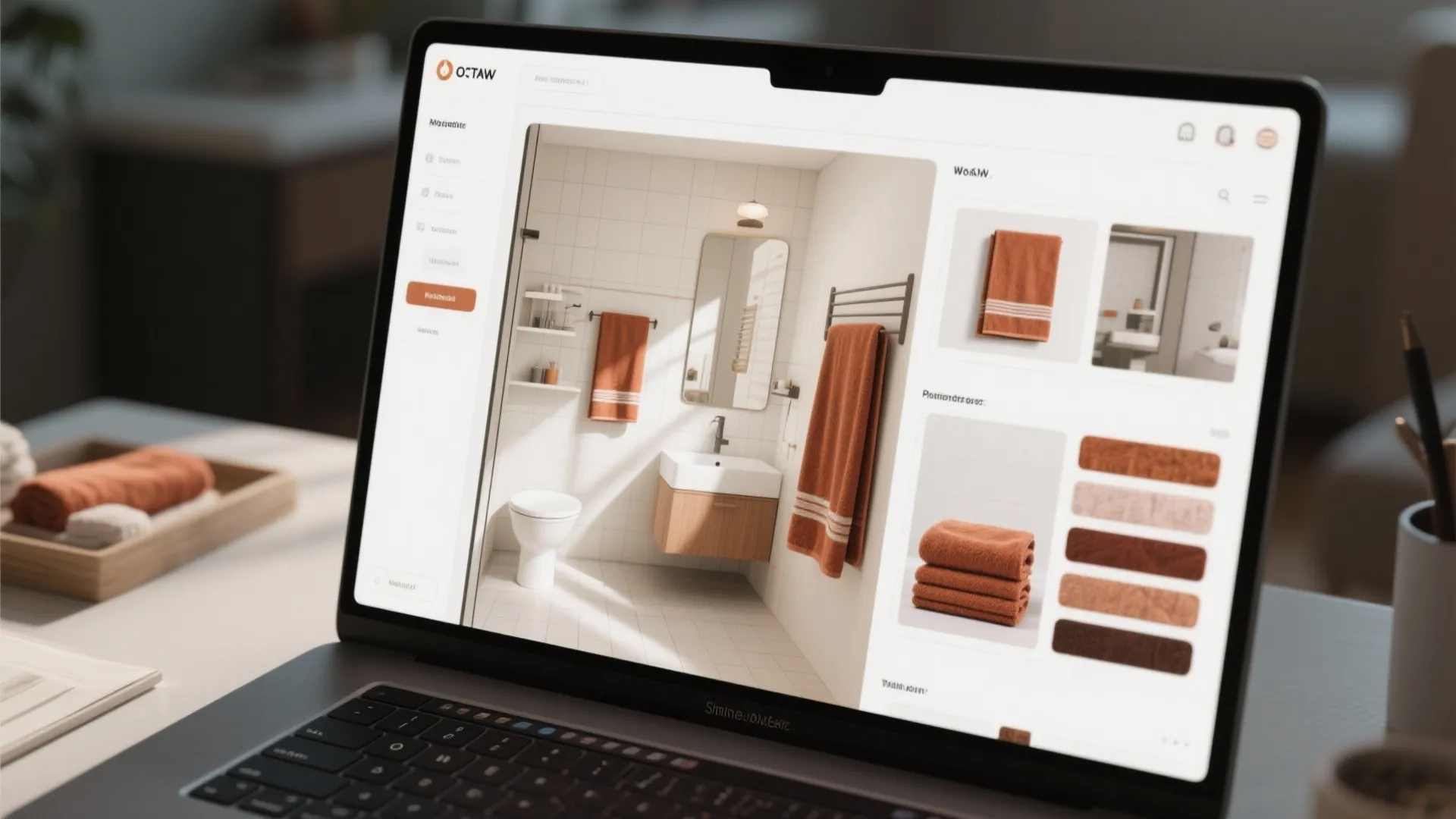 Laptop screen showing virtual bathroom planner with orange towels and modern white sink cabinet design